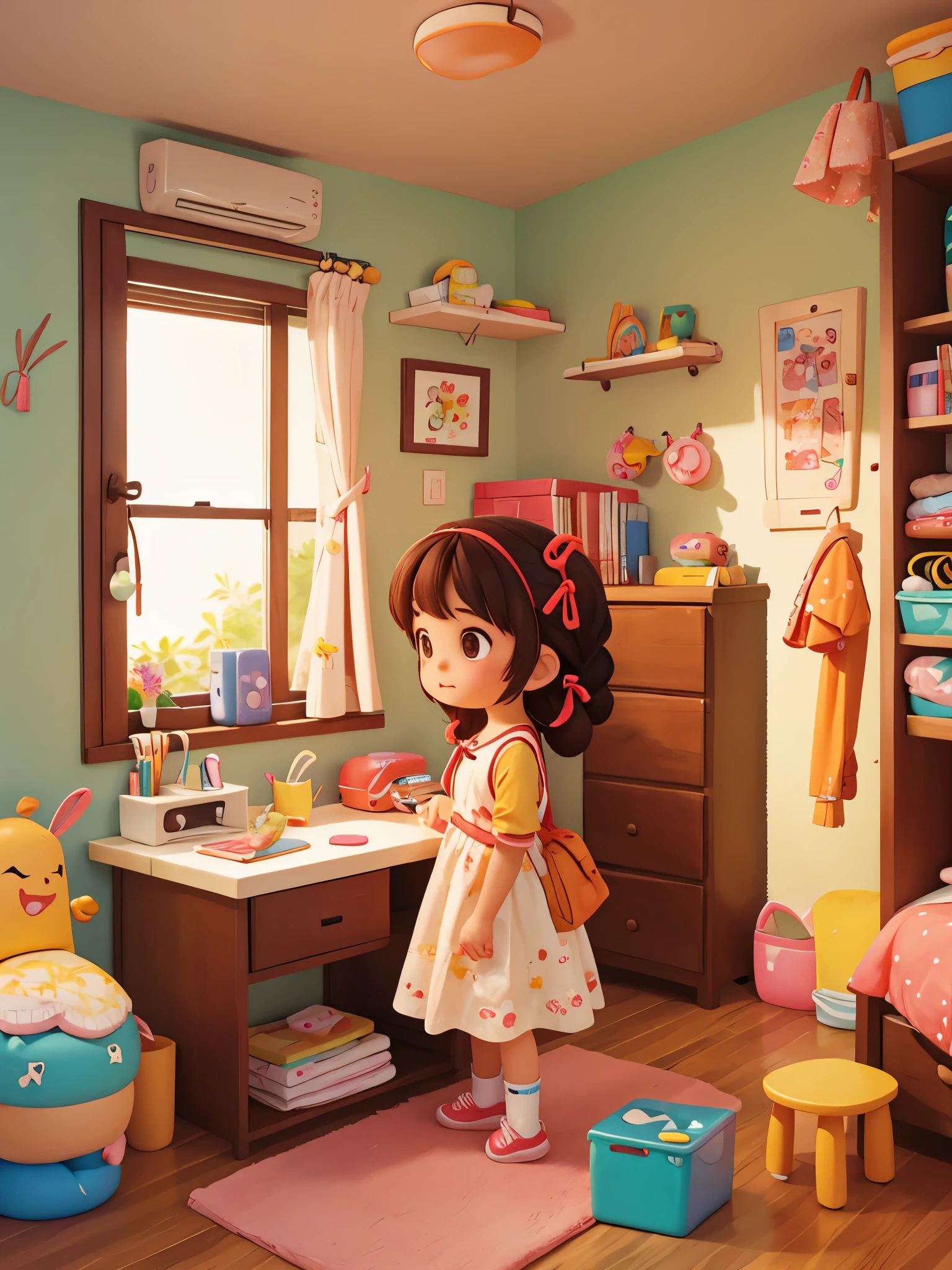 girl&#39;s bedroom，Mom is combing the cute little girl&#39;s hair，Braids，Pixar style, best quality, stills,