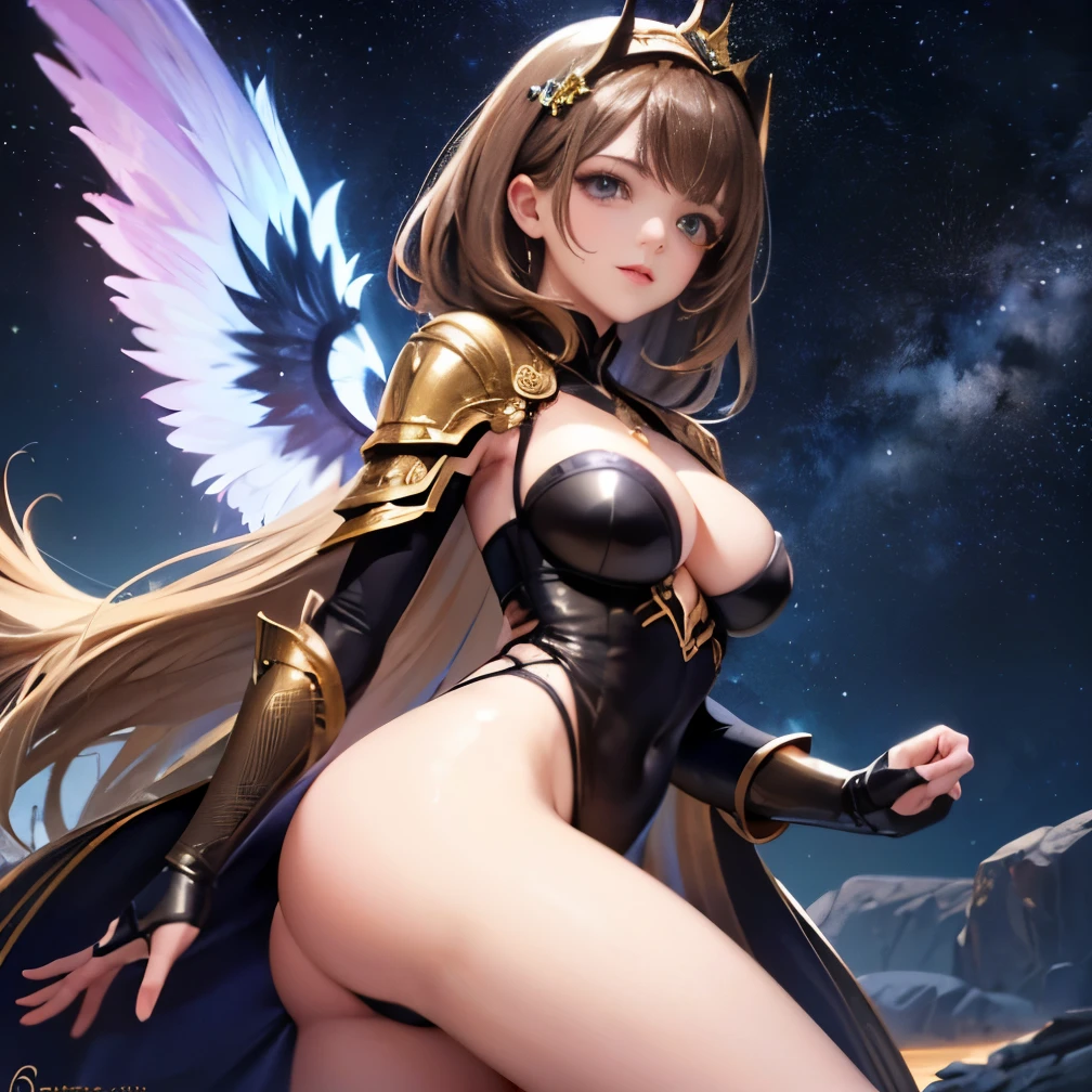 ((highest quality, 8k, sharp focus, 35mm lens, masterpiece: 1.2, cinematic light, Ultimate Girl, Highly detailed facial texture, Highly detailed facial texture)), (leotard armor: 1.2 ), ( night village starry sky background: 1.2 ), (circular shape with wings on the head), round face, fine brown eyes, detailed beauty makeup: 1.2, highly detailed skin, [belly button], detailed bangs, (fine eyes: 1.2), smile, tie her light brown hair back, tilted head, From the side
