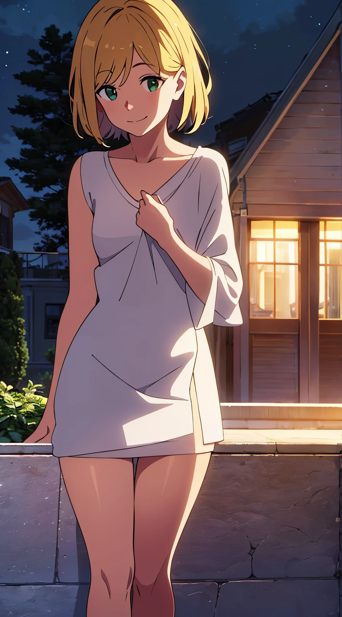god々work,beautiful,fascinate,complicated,girl,blonde short hair,Crumpled smile,white dress,The background is a house at night,A look that seems to see through everything,eyes are green,Chest is small,the 90s,Xin Haicheng