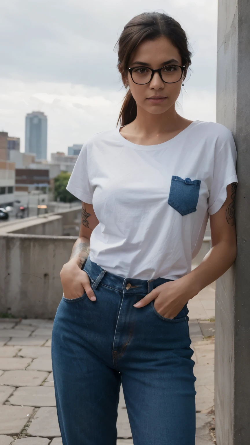Full body photograph, front view, professional model, young latin woman, horn-rimmed glasses, standing on city background photo studio, gaze into the camera, wrinkles on the forehead, by Richard Avedon style photo, used camera is Sony α9 II with Sony FE 100-400mm f/4.5-5.6 GM OSS lens, wearing left chest big pocket with small logo blank, deep dark blue color loose XL T-shirt, tattoo on the arm, deep washing denim minimal innovative design jogger pants, model is expressed in photography, high contrast --ar 9:16 --style raw --stylize 700 --v 6