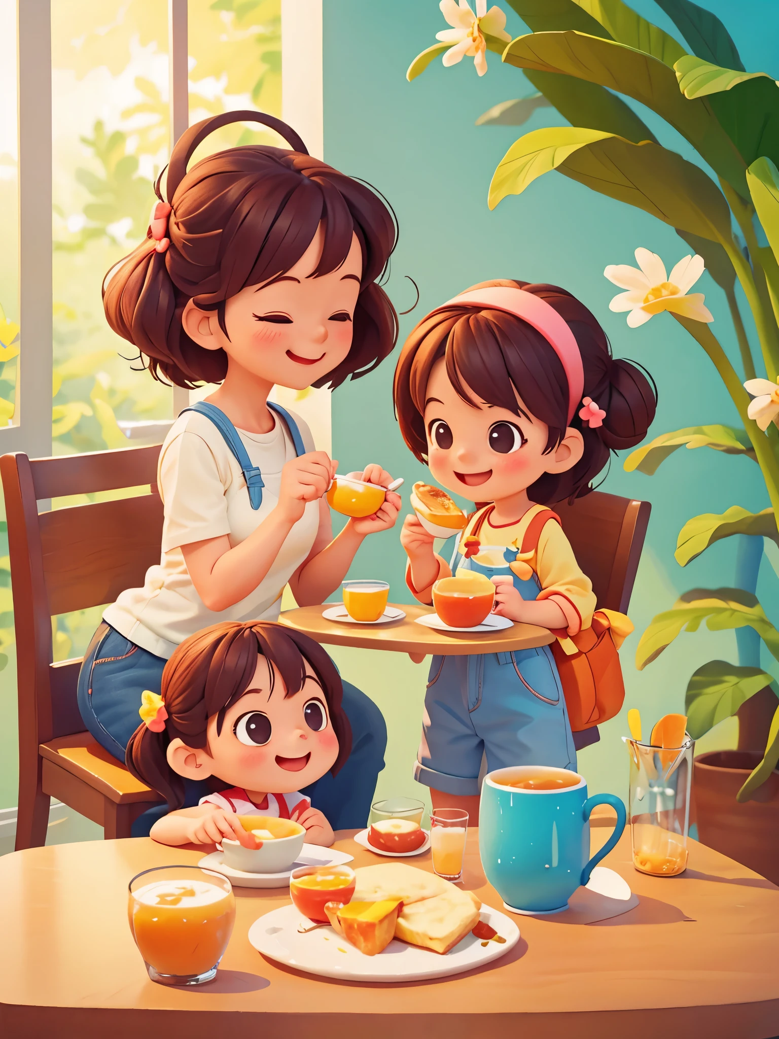 Mom and cute girl having breakfast together,happy,smiling,Pixar style, best quality, stills,
