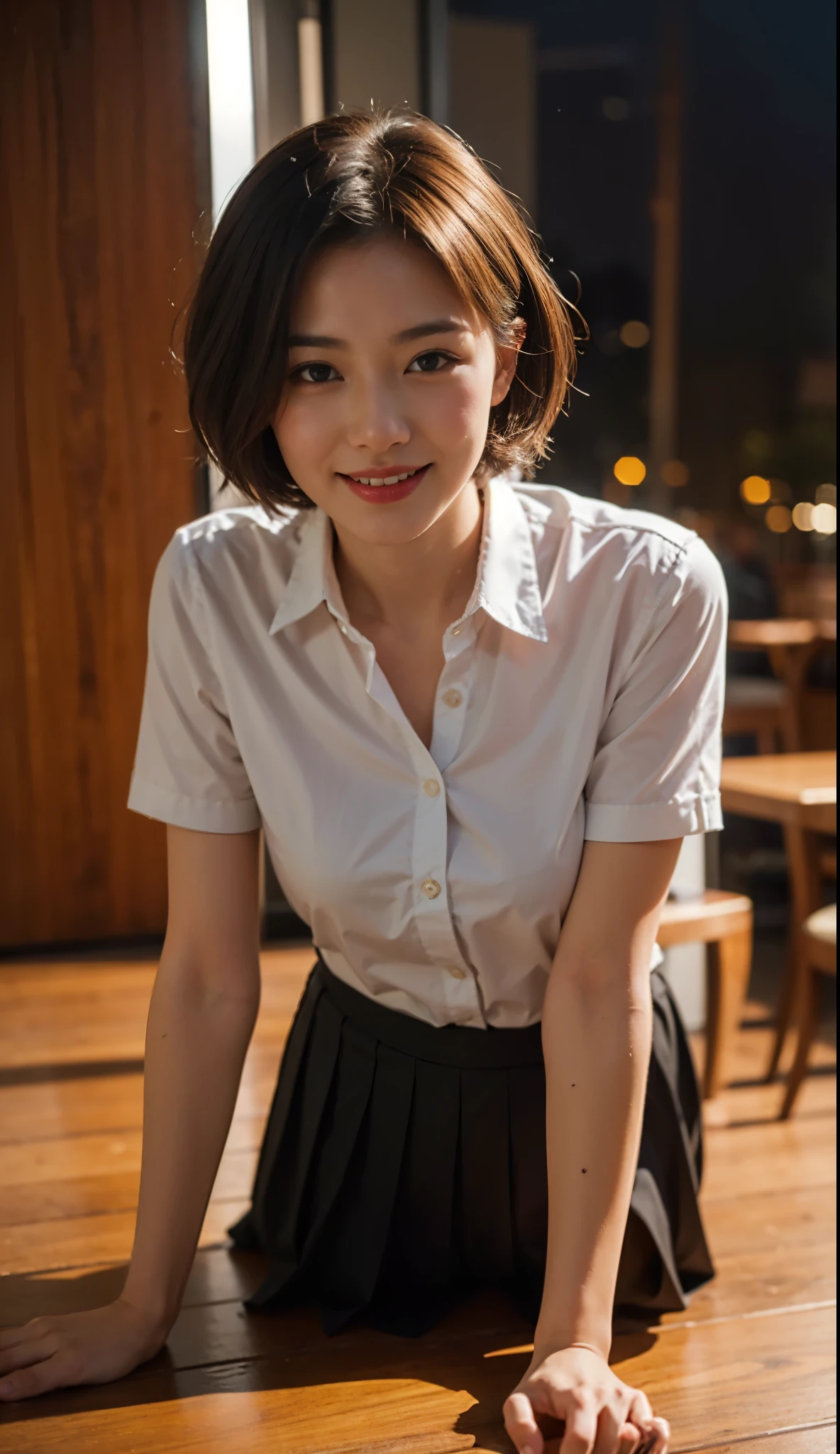 (8k, RAW photo, best quality, masterpiece:1.2), (realistic, photo-realistic:1.37), ultra-detailed,
1 girl,cute, solo,beautiful detailed sky,detailed cafe,night,sitting,dating,(nose blush),(smile:1.1),(closed mouth),large breasts, seductive smile, large aparture, professional lighting, Sony A7R4, Zessie 50mm F1.8,
medium breasts,beautiful detailed eyes,(collared shirt:1.1), bowtie,pleated skirt,(short hair:1.2),floating hair, (All fours:1.3)
