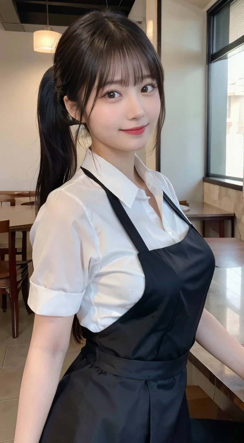 (highest quality,masterpiece:1.3,ultra high resolution,),(Super detailed,caustics),(Photoreal:1.4,RAW shooting,)ultra-realistic capture,very detailed,High resolution 16K human skin close-up。 natural skin texture、,The pores are、、、Must be detailed enough to be easily identified。 Skin should look even-toned and healthy。 Use natural light and color,restaurant,waitress uniform,1 girl,Japanese,18-year-old,cute,black haired,ponytail,big breasts,smile,turn your body forward,(Front view:1.1),look at the camera,cowboy shot,