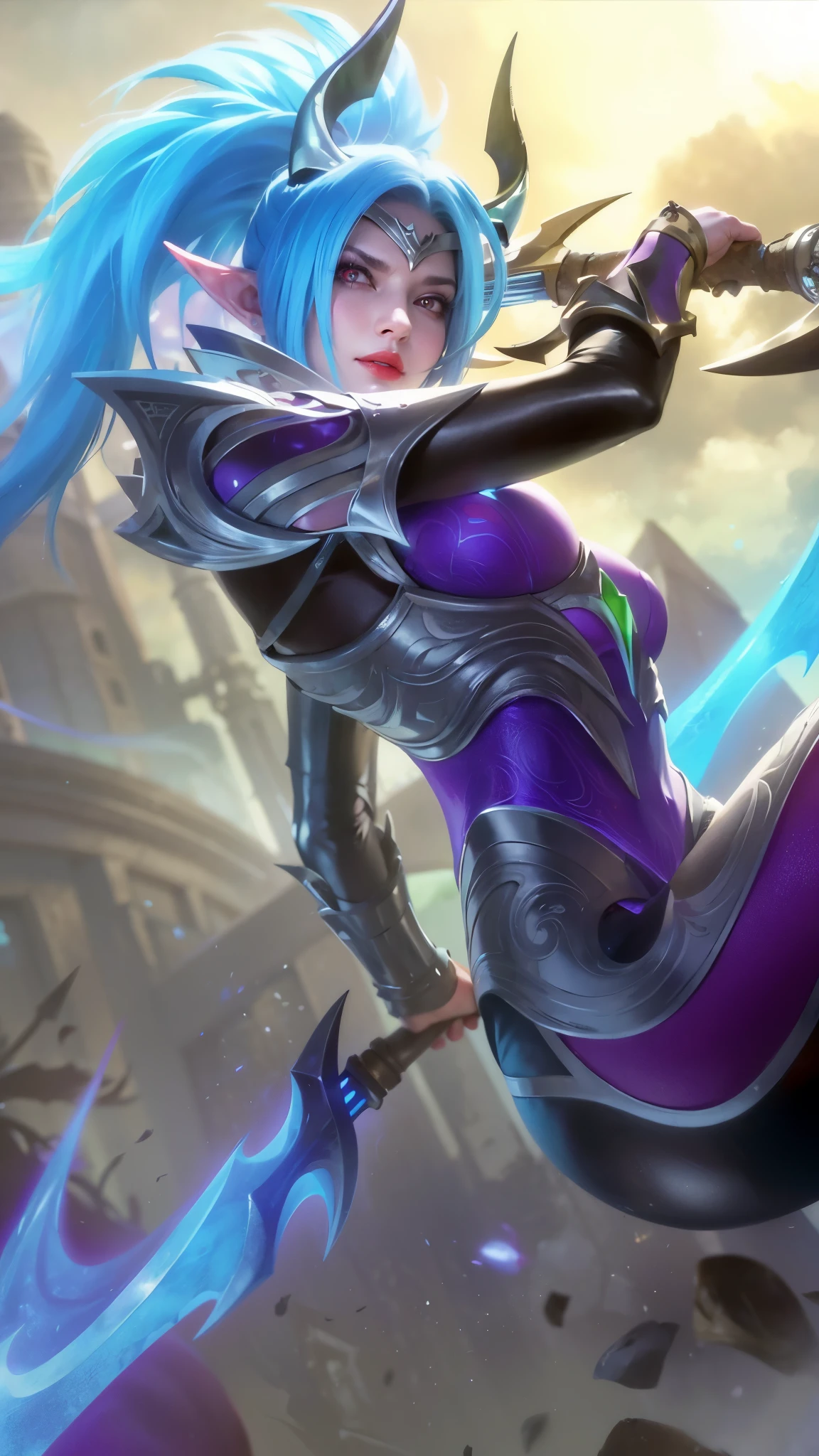 (female:1.2), 8k, ultra hd, ultra detailed texture, hyper realistic, masterpiece, detailed texture, detailed face, detailed skin, detailed lighting, (photorealistic:1.5), best quality, beautiful lighting, cinematic lighting, professional lighting, ultra highres, realistic, detailed hair, real hair, high quality, (realskin:1.5), extremely detailed, finely detail, ultra-detailed, 1girl, solo, elf, pointy ears, standing, demon horns, forehead protector, (red eyes:1.5), v-shapped eyebrow, lips, red lips, evil smile, nose, make up, pretty, beautiful, cute face, long hair, blue hair, high ponytail, large breasts, cleavage, armpit, navel, stomach, black armor, pauldrons, bare shoulders, shoulder armor, thigh high, sleevless, detached sleeves, breastplate, gauntlets, karina \(mobile legends\), depth of field, looking aways, white skin, skin tight, amazing pose, outdoors, glowing, dark view.