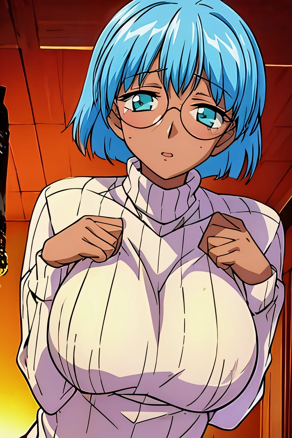 (masterpiece, best quality:1.2),Bobby Lou Loval,1 girl, alone,Exquisite hair color，short hair，( Wear a sexy sweater:1.2)，too big,glowing skin，dark skin，wear glasses（（（scared expression）））blush，pastel tones，超big breasts,big breasts，large breast size，big breasts, Breasts very，pink lips