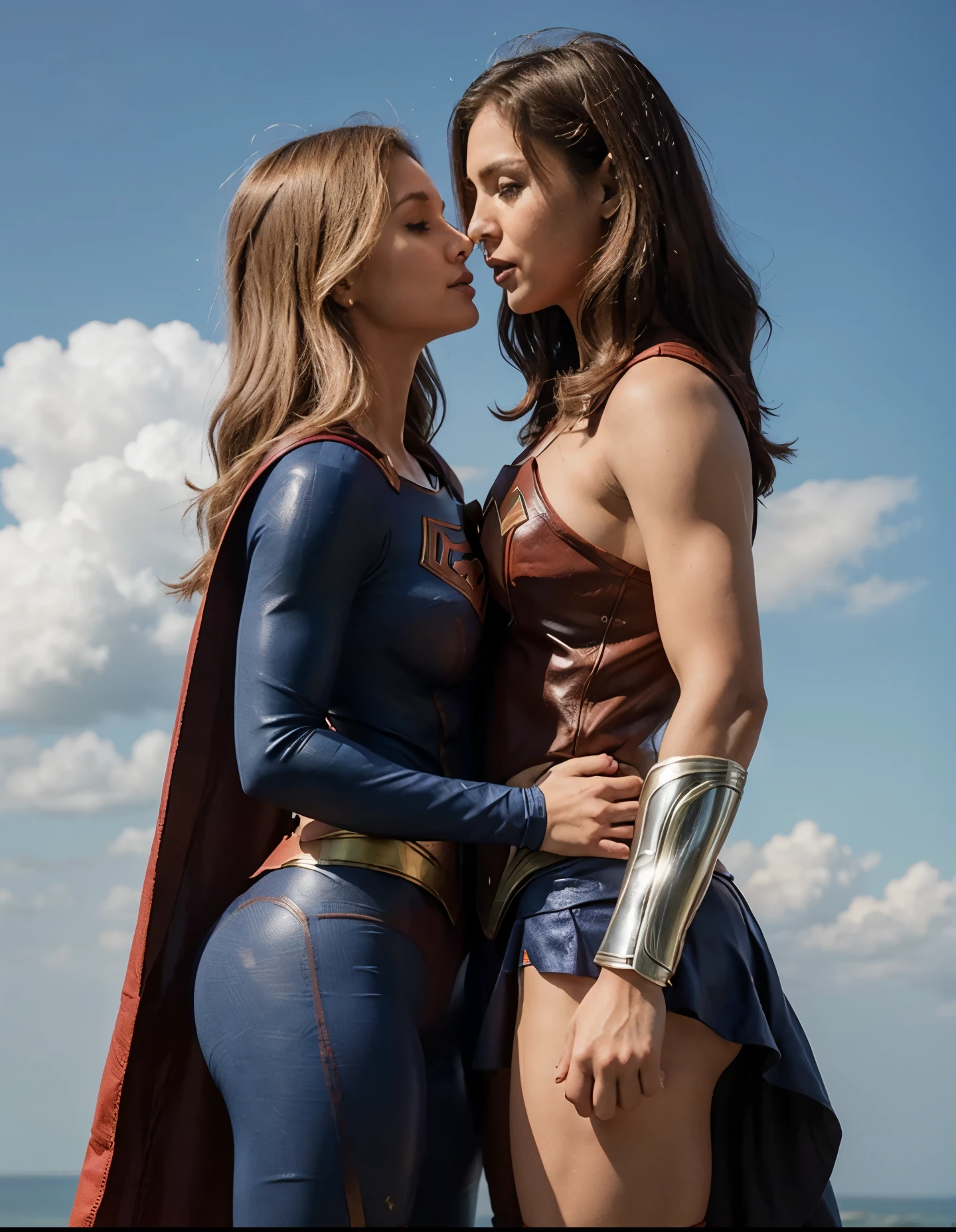 Supergirl e Mulher Maravilha, se beijando, extremamente realista, muito lindas, bunda grande, pernas grossas, Fitness, love