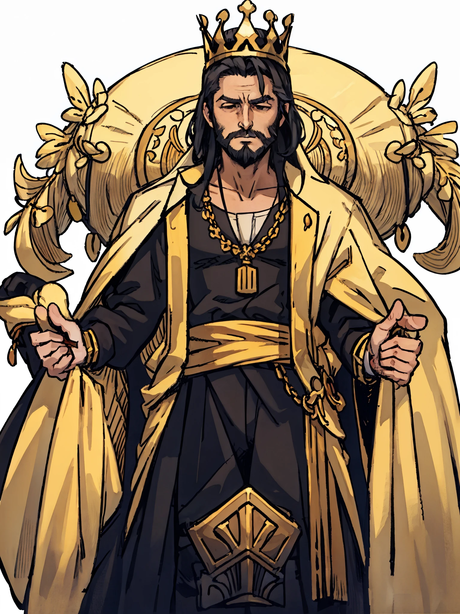 ((a man，king)),front,Half body,long black hair,golden royal robe，crown，middle aged，beard，Mature，Different world，middle Ages，White background