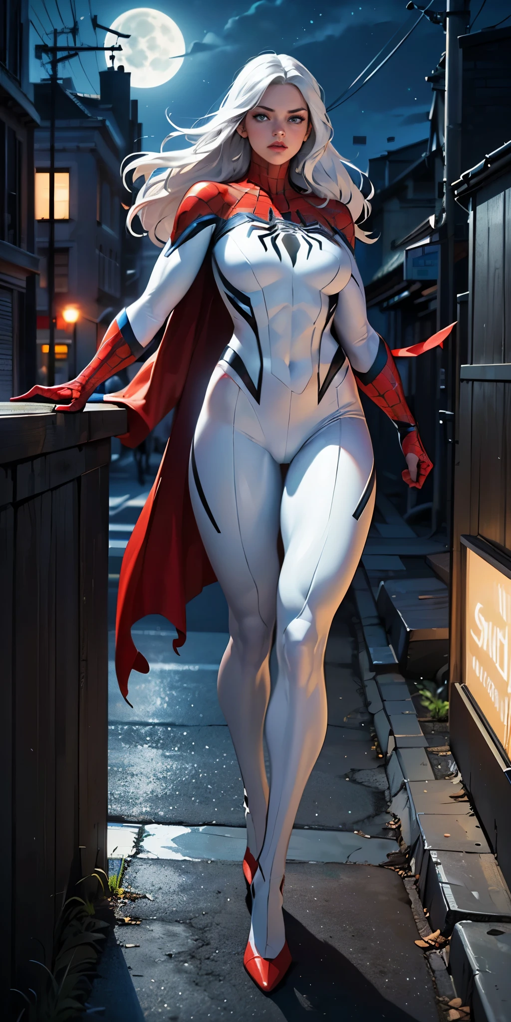 (Masterpiece, 4K resolution, ultra-realistic, highly detailed), (White costume superhero theme, charismatic, girl on top of the city, wearing white Spider-Man costume, superheroine), [((23 years old), (long white hair:1.2), full-body, (blue eyes:1.2), (Spider-Man dynamic poses) ((gritty urban environment):0.8)| (urban landscape, nighttime, dynamic lights), (full moon))]