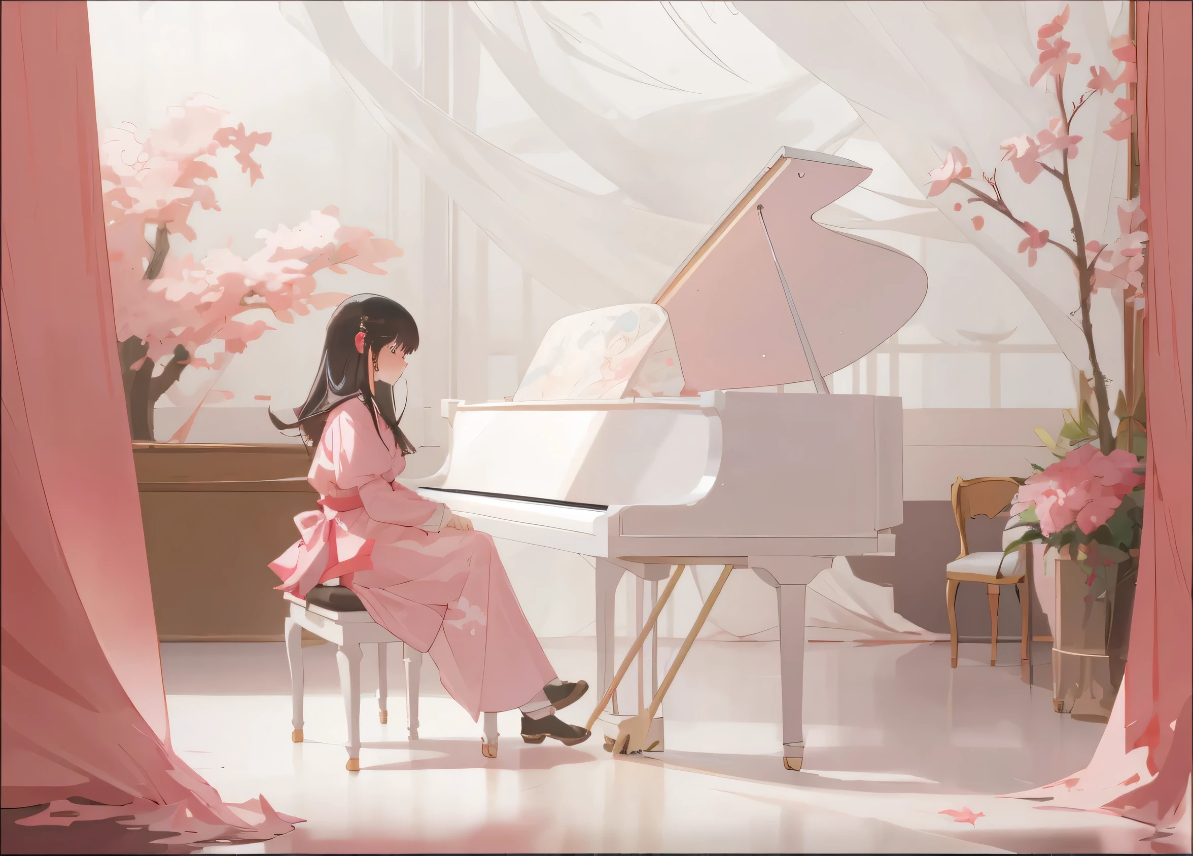 there is a woman sitting at a piano in a pink room, Gurwitz style artwork, piano家, Official fan art, guweiz, Artie Guerin style, Gurwitz Masterpiece, Artigaylan 8K, playing piano, official artwork, piano in the background, full piano, piano, smiling woman,Exquisite composition,top quality,Ultra HD details,guweiz on pixiv artstation