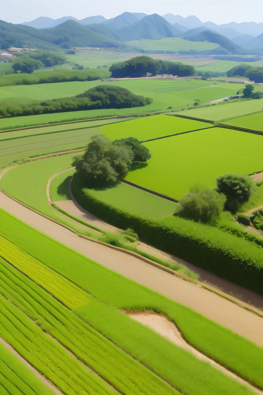 一片黄paddy的景色，rural area, on a sunny day, beautiful sunny day, paddy, idyllic fertile soil, 非常美麗的paddy風景, ,village in background, very beautiful scenery, rural area旅游