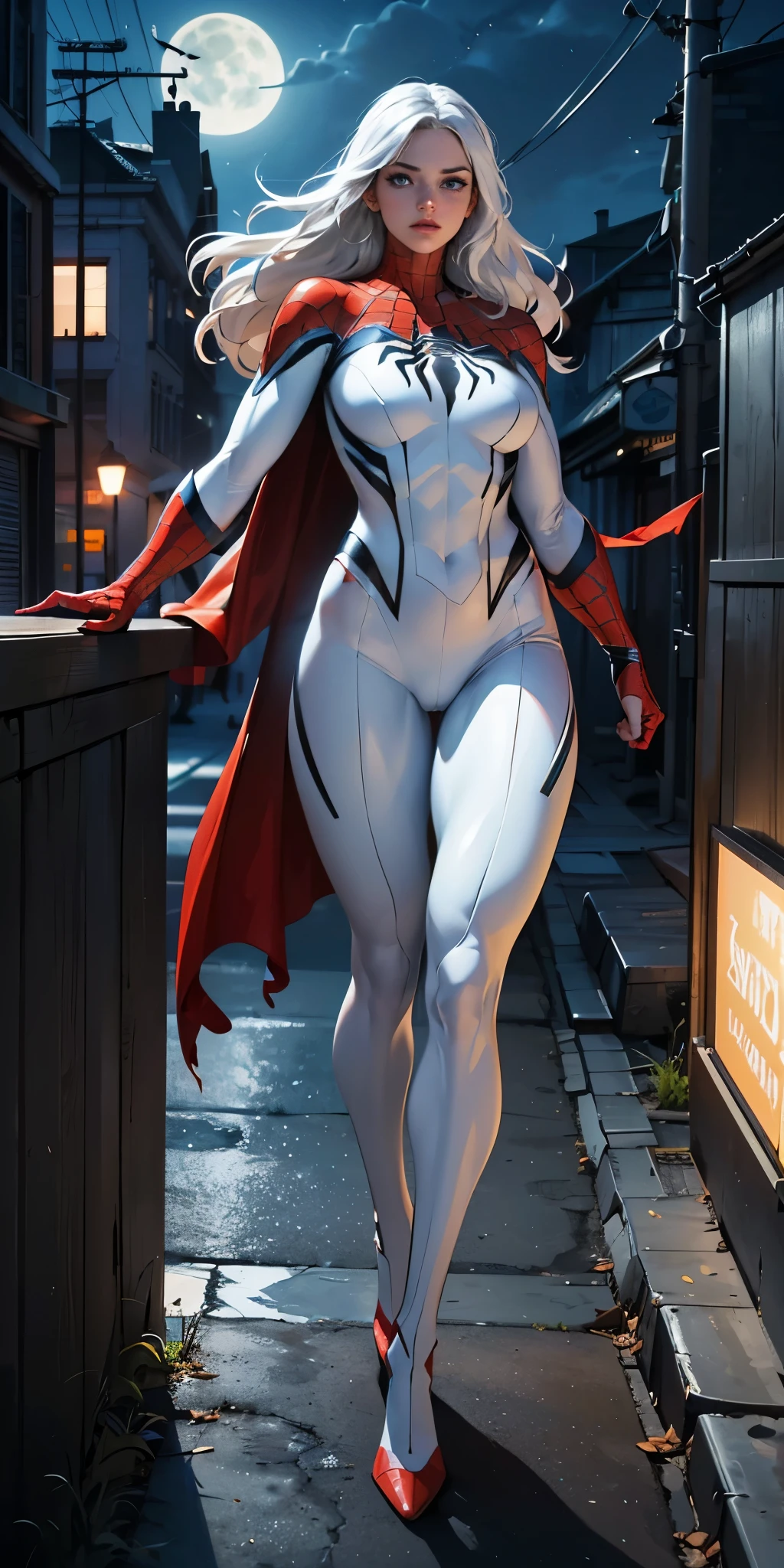 (Masterpiece, 4K resolution, ultra-realistic, highly detailed), (White costume superhero theme, charismatic, girl on top of the city, wearing white Spider-Man costume, superheroine), [((23 years old), (long white hair:1.2), full-body, (blue eyes:1.2), (Spider-Man dynamic poses) ((gritty urban environment):0.8)| (urban landscape, nighttime, dynamic lights), (full moon))]