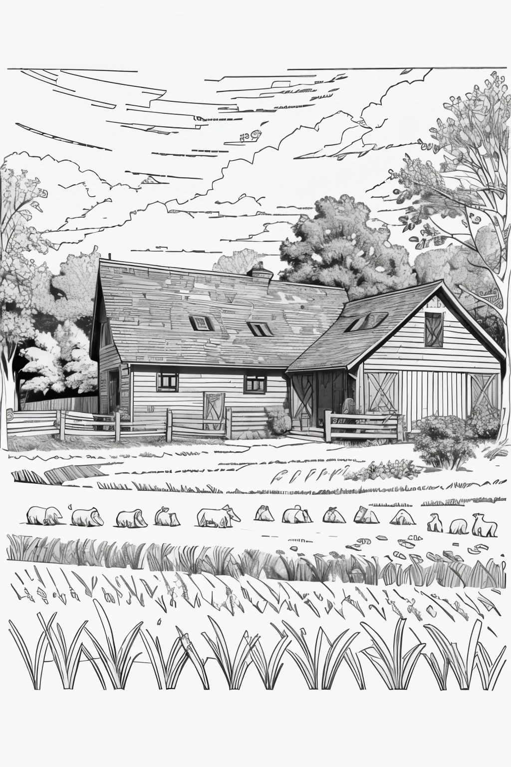 Farm with animals coloring pages, for adults, bold lines, dark lines, symmetrical, white background, clean line art, thin line art. Make sure the elements in your image have enough sharp strokes to color them later, but without too many intricate details that could be tricky to color.
