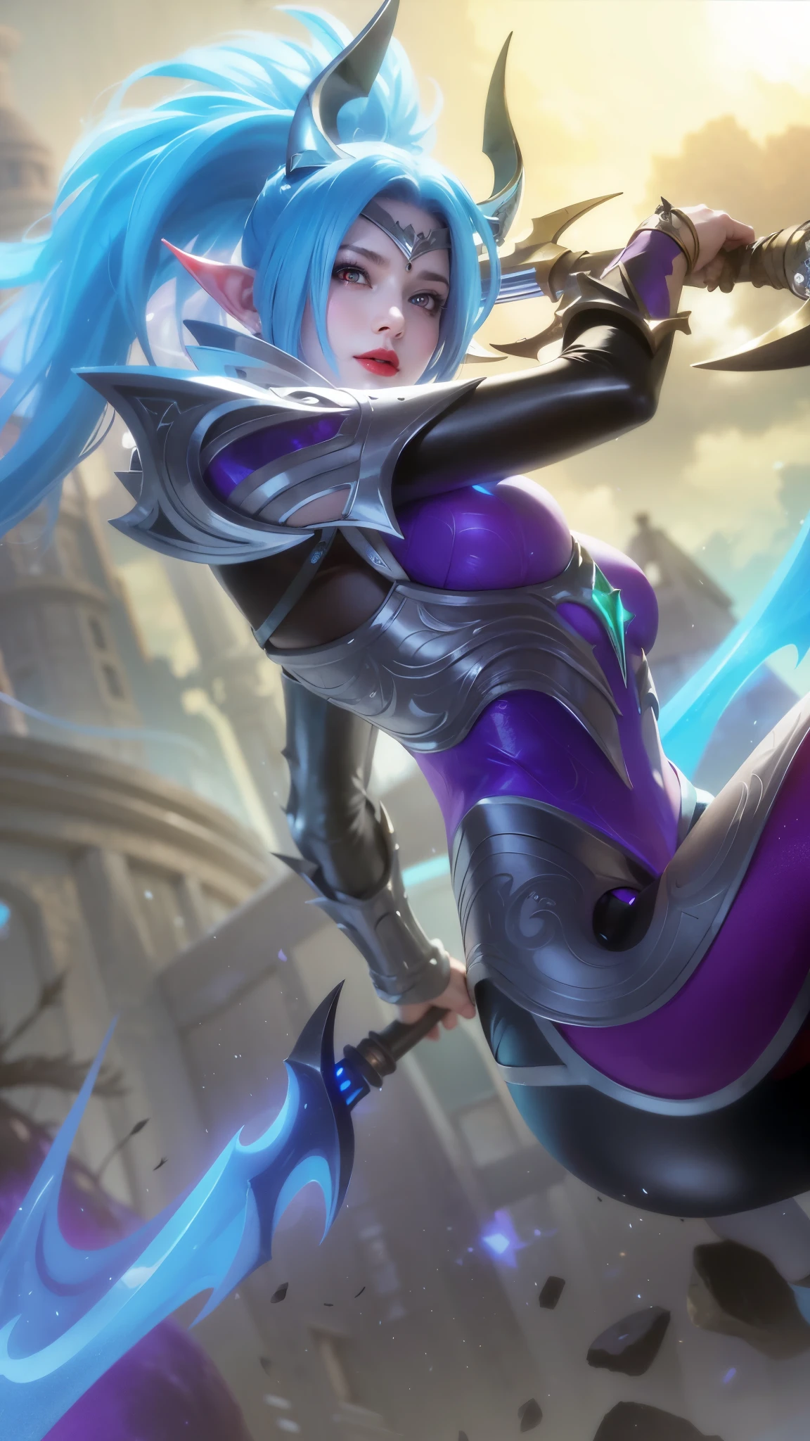 (female:1.2), 8k, ultra hd, ultra detailed texture, hyper realistic, masterpiece, detailed texture, detailed face, detailed skin, detailed lighting, (photorealistic:1.5), best quality, beautiful lighting, cinematic lighting, professional lighting, ultra highres, realistic, detailed hair, real hair, high quality, (realskin:1.5), extremely detailed, finely detail, ultra-detailed, 1girl, solo, elf, pointy ears, standing, demon horns, forehead protector, (red eyes:1.5), v-shapped eyebrow, lips, red lips, evil smile, nose, make up, pretty, beautiful, cute face, long hair, blue hair, high ponytail, large breasts, cleavage, armpit, navel, stomach, black armor, pauldrons, bare shoulders, shoulder armor, thigh high, sleevless, detached sleeves, breastplate, gauntlets, karina \(mobile legends\), depth of field, looking aways, white skin, skin tight, amazing pose, outdoors, glowing, dark view.