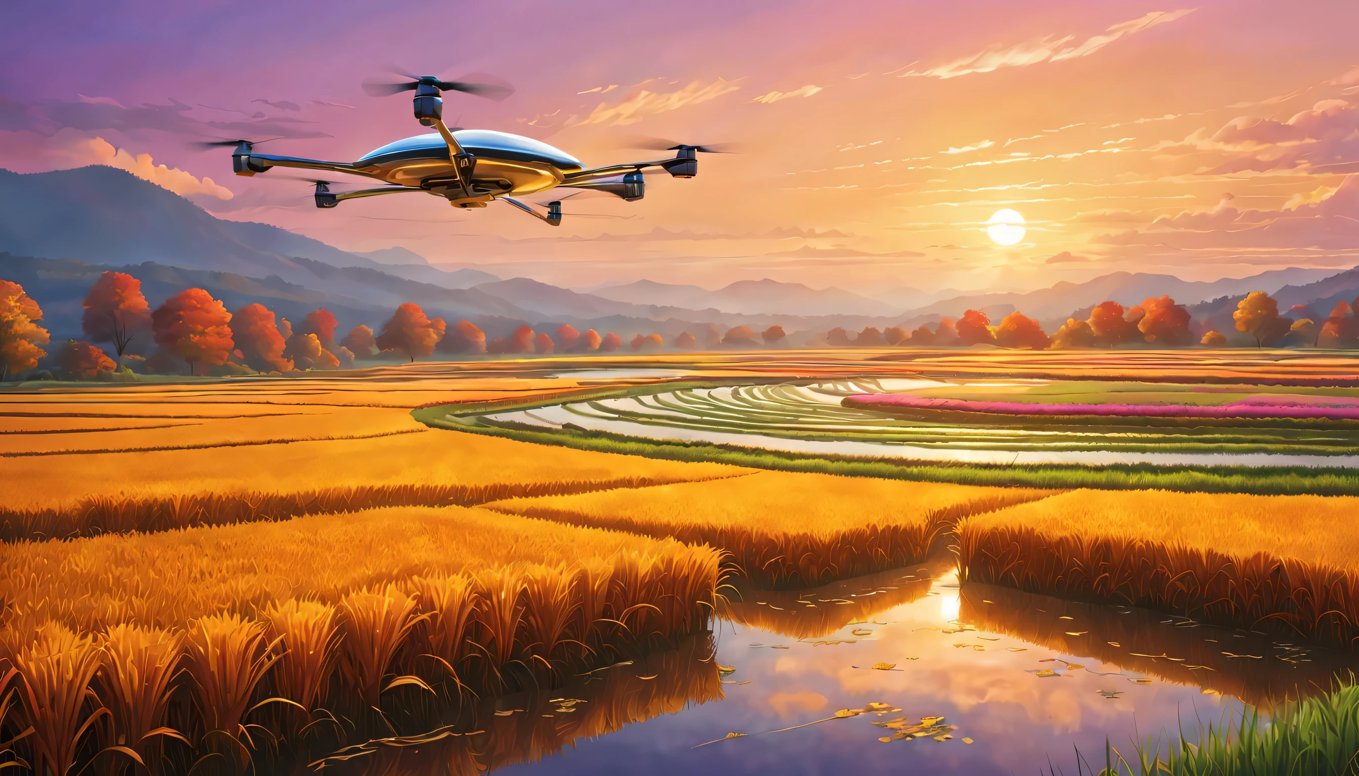In futuristic autumn rice fields, I want to see a vivid、high resolution、A masterpiece that captures the essence of technology. The main focus of the artwork should be the landscape, Featuring vibrant colors and ultra-detailed depictions. The rice fields should be endless and vast., The tall stalks sway gently in the cool breeze. The color palette should consist of warm and earthy tones, with a hint of orange, yellow, and brown. The fields are illuminated by the soft light of the setting sun, cast long shadow,Create a peaceful and peaceful atmosphere. The sky above is painted in delicate purples and pinks, Blends seamlessly with vibrant autumn foliage. The clouds are slender and elegant, Reminiscent of future technology. The entire scene is bathed in warm golden light, Enhance landscape beauty. reception, There is a futuristic drone, Featuring intricate details and stylish metallic features. Guard the rice fields, it emits a soft blue light. Drones blend seamlessly into their surroundings, Symbolizing the harmonious coexistence of nature and technology. When the viewer's eyes move to the background, Futuristic skyscrapers rise on the horizon. they are architectural marvels, Stylish design and glass facade that reflects the colors of the sky. These buildings represent the integration of technology into our daily lives, Transform traditional landscapes into futuristic realms. throughout the artwork, Emphasis on realism and photorealism, Every detail has been meticulously rendered. texture of rice straw, Reflection of light on metal surfaces, The intricate patterns of autumn leaves are captured with extreme precision and attention to detail. comprehensive, This masterpiece embodies the beauty of autumn rice fields in the future, Integrating nature and technology,Create a harmonious visual effect
