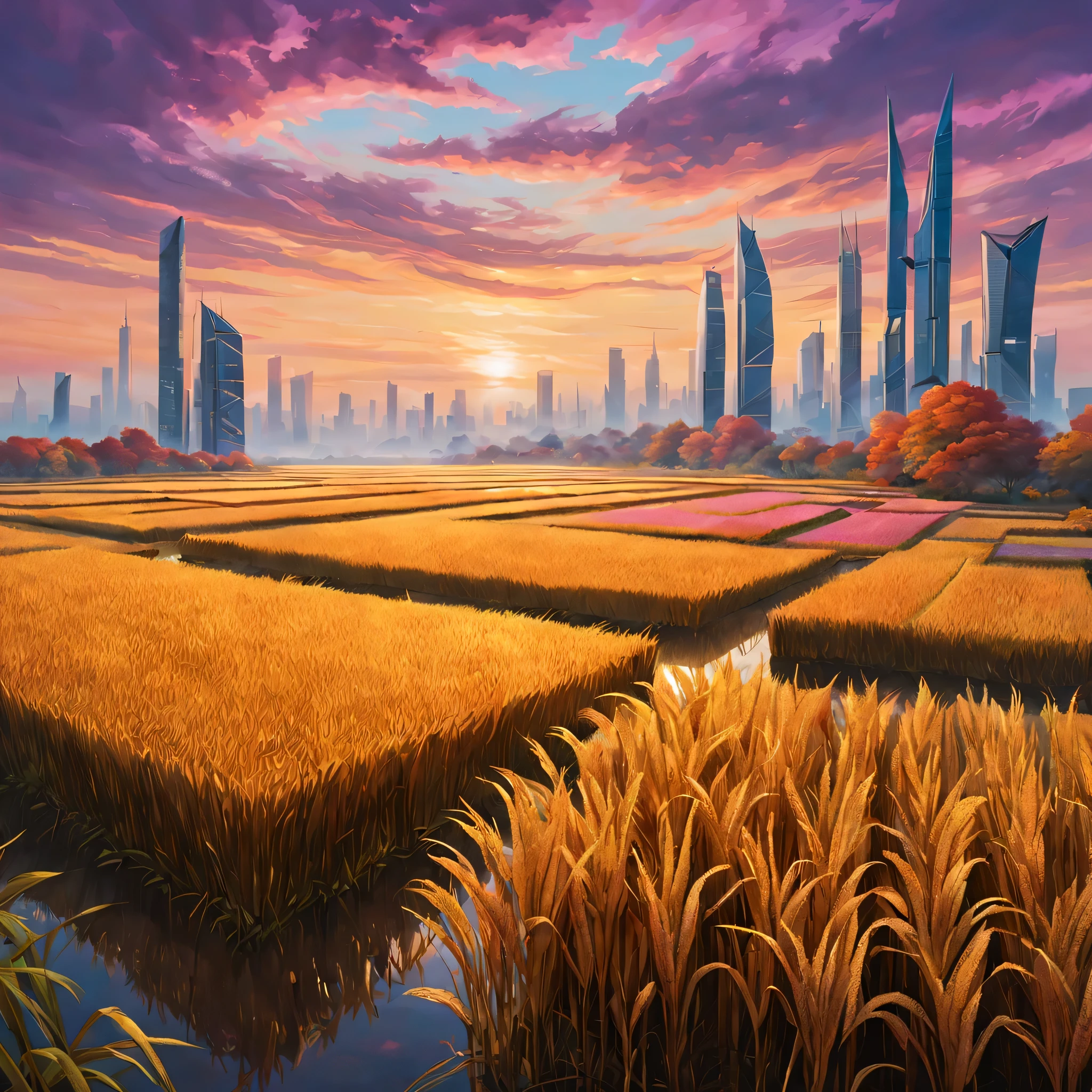 In futuristic autumn rice fields, I want to see a vivid、high resolution、A masterpiece that captures the essence of technology. The main focus of the artwork should be the landscape, Featuring vibrant colors and ultra-detailed depictions. The rice fields should be endless and vast., The tall stalks sway gently in the cool breeze. The color palette should consist of warm and earthy tones, with a hint of orange, yellow, and brown. The fields are illuminated by the soft light of the setting sun, cast long shadow，Create a peaceful and peaceful atmosphere. The sky above is painted in delicate purples and pinks, Blends seamlessly with vibrant autumn foliage. The clouds are slender and elegant, Reminiscent of future technology. The entire scene is bathed in warm golden light, Enhance landscape beauty. reception, There is a futuristic drone, Featuring intricate details and stylish metallic features. Guard the rice fields, it emits a soft blue light. Drones blend seamlessly into their surroundings, Symbolizing the harmonious coexistence of nature and technology. When the viewer&#39;s eyes move to the background, Futuristic skyscrapers rise on the horizon. they are architectural marvels, Stylish design and glass facade that reflects the colors of the sky. These buildings represent the integration of technology into our daily lives, Transform traditional landscapes into futuristic realms. throughout the artwork, Emphasis on realism and photorealism, Every detail has been meticulously rendered. texture of rice straw, Reflection of light on metal surfaces, The intricate patterns of autumn leaves are captured with extreme precision and attention to detail. comprehensive, This masterpiece embodies the beauty of autumn rice fields in the future, Integrating nature and technology，Create a harmonious visual effect