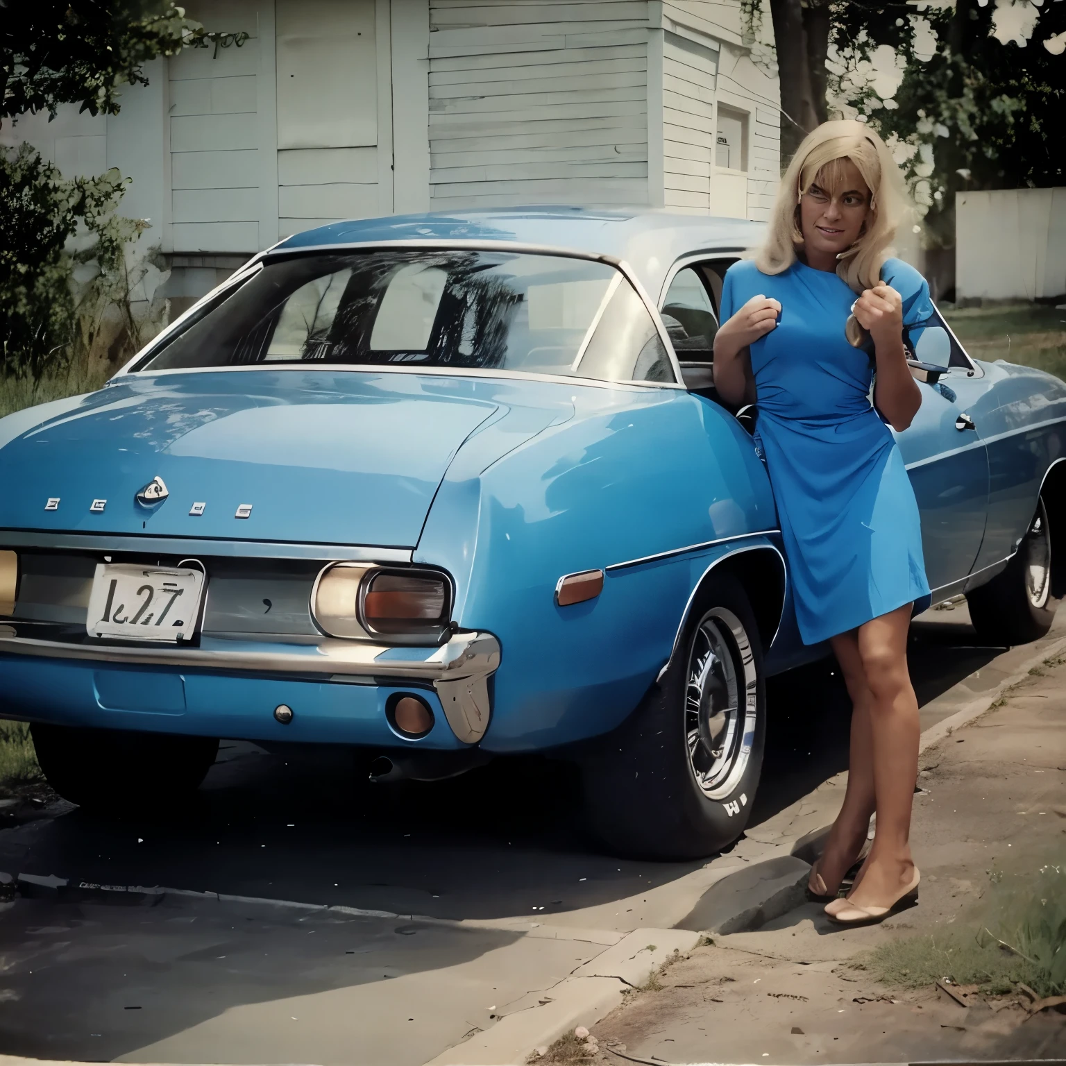 blond woman in a blue dress holding a ball of yarn, color film photography 1970s, william eggleston style, 1 9 7 0 colour photography, 1960s color photograph, retro 1 9 7 0 s kodachrome, 1 9 7 0 s film, woodstock, film photo from 1970s, scary picture in color