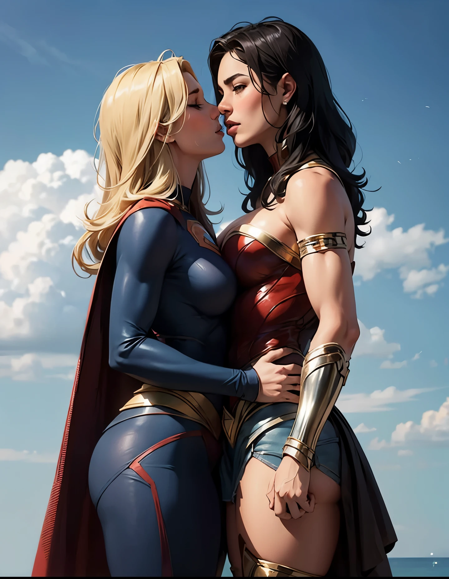Supergirl e Mulher Maravilha, se beijando, extremamente realista, muito lindas, bunda grande, pernas grossas, Fitness, love