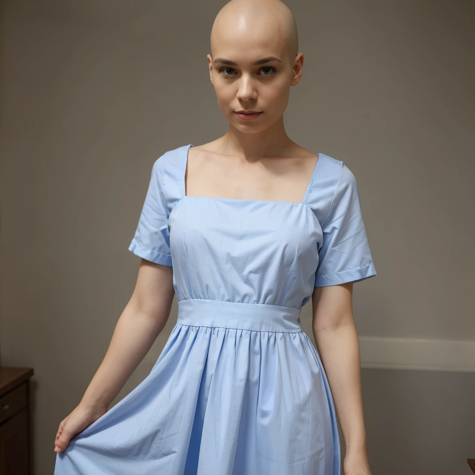 A person without hair wearing a dress