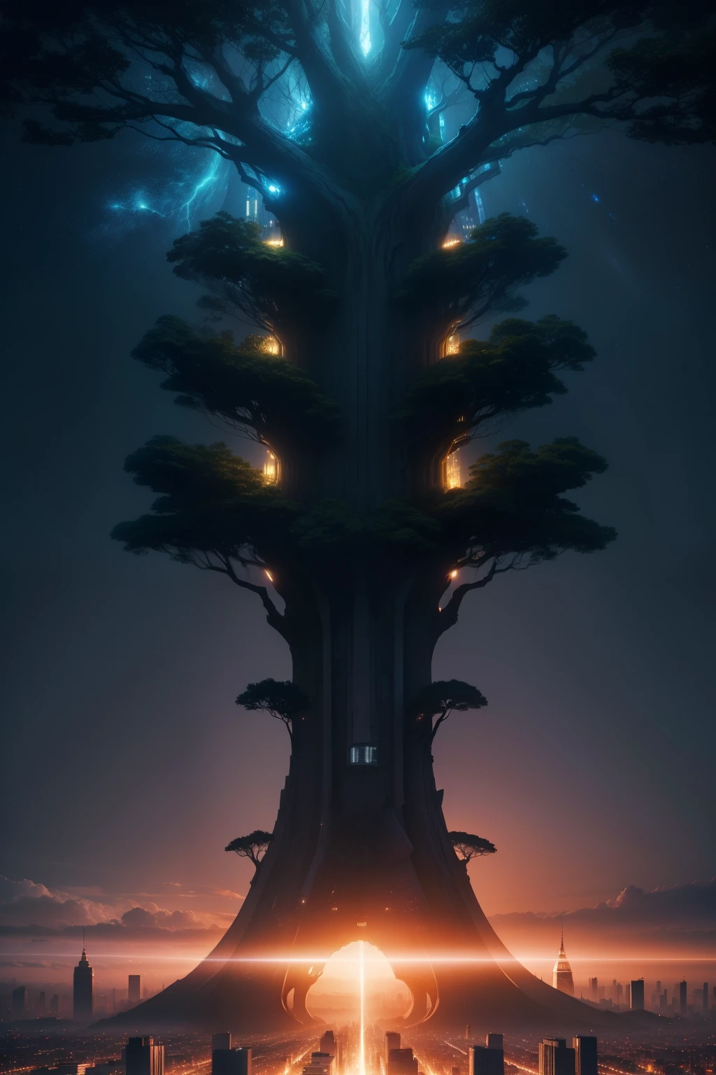 In the core of the Digital Metropolis, stands a colossal tree, an emblem of the equilibrium between technology and nature. Boasting technological limbs aglow with radiant light at nightfall, this arboreal marvel harmoniously interweaves nature and technology, illuminating the urban landscape with its magical splendor.