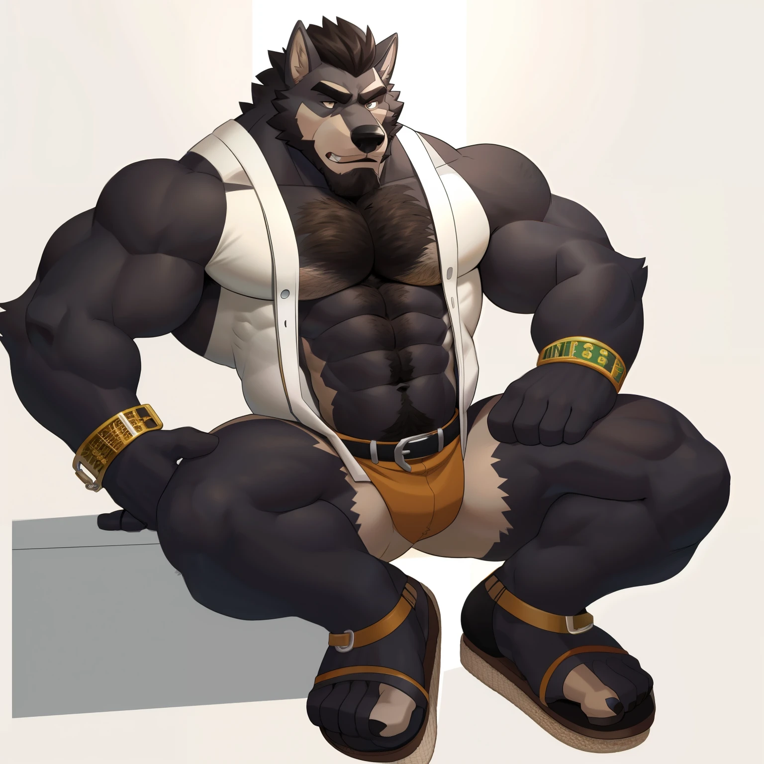 1boy, abs, bara, bare_pectorals, bare_shoulders, black_hair, body_hair, brown_hair, chest_hair, clothing_cutout, cuffs, dark-skinned_male, facial_hair, handcuffs, jewelry, large_pectorals, long_sideburns, male_focus, mature_male, medium_hair, muscular, muscular_male, navel,, pectorals, short_hair, sideburns, solo, stomach, stubble, thick_thighs, thigh_cutout, thighs, tight, watch, ((wolf, full body, sandals))