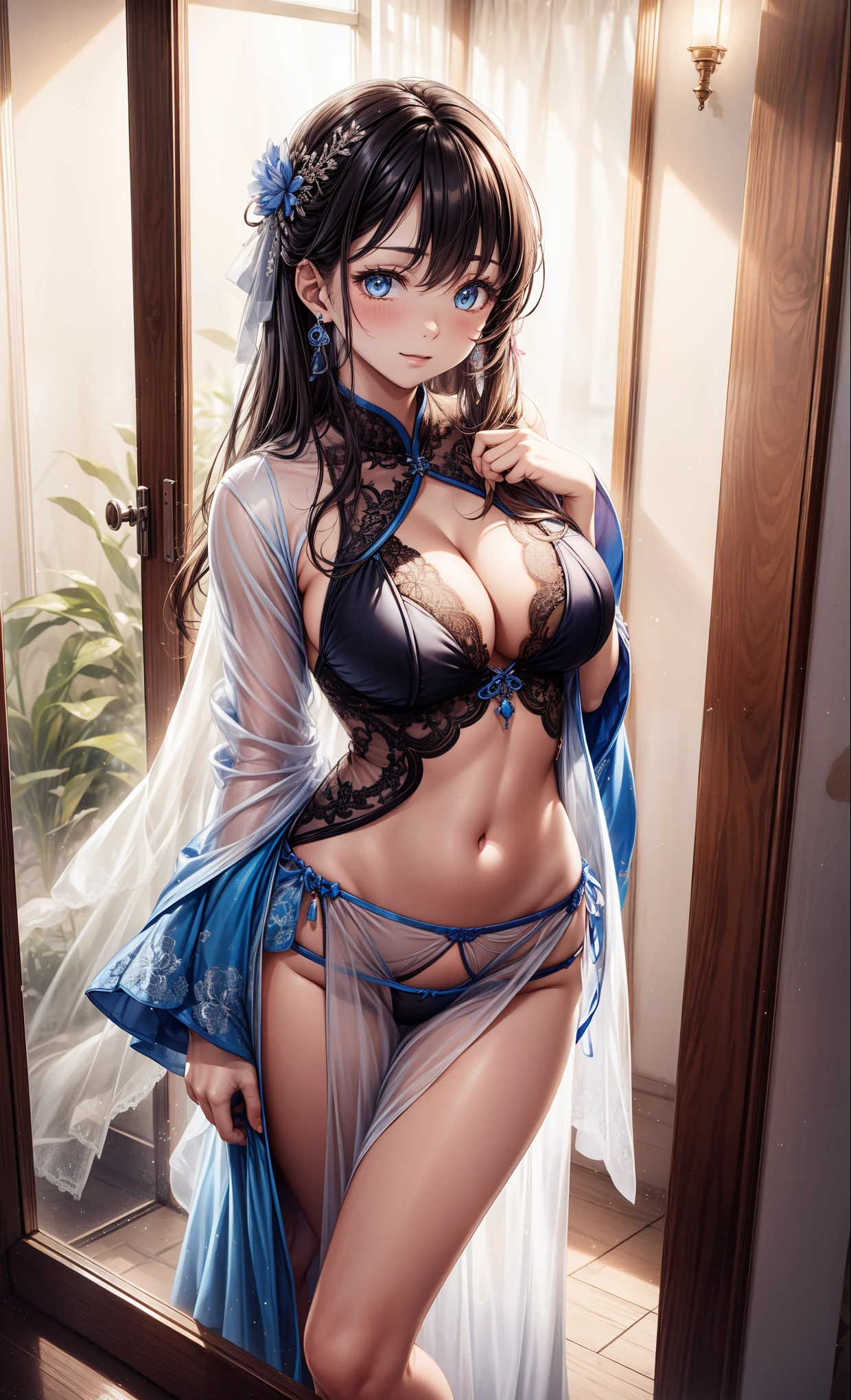 Transparent Hanfu with lace underwear,long skirt,long sleeves,20 years old female,Slightly mature,ideal partner,in love,obsessed,Sexual innuendo,The clothes are beautifully designed,Clothing with multiple layers of transparent construction,light clothes,super detailed, She has long curly hair,Seductive pose,20 year old girl,light eyes,she has earrings,乳房view, view,背部view,Raised sexy,curvy body,arch downward,((sheer transparent clothes)),((There is a luxurious night view outside the window)),She appeared in the bedroom of the Chung Hwa Hotel,Delicate light blue eyes