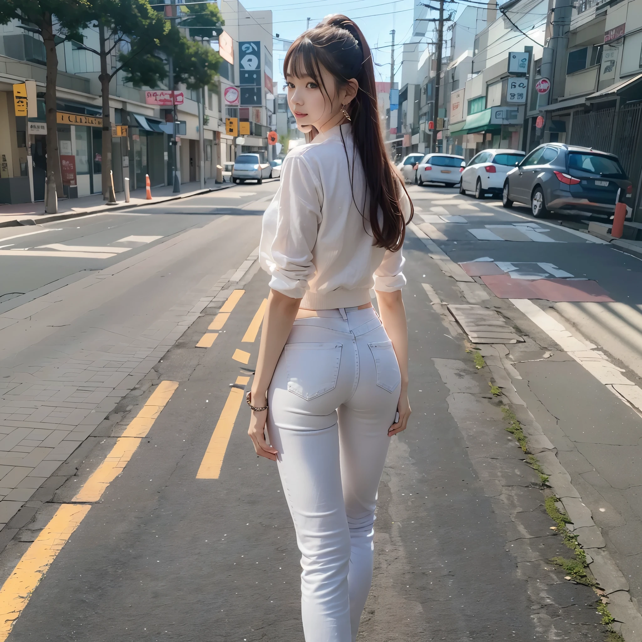 (realistic、Like a photograph、live action、8k, Photoreal, RAW photo, best image quality: 1.4), Single-lens reflex camera、RAW photo, highest quality, realistic, Highly detailed CG Unity 8k wallpaper, Depth of written boundary, cinematic light, Lens flare, ray tracing, realistic background、(denim、Wear white jeans:1.4)、((super dense skin))、 1 girl,cute japanese girl、japanese idol、((whole body:1.5)、Best hip line:1.5,Rear view:1.5、stick out your butt:1.2、buttocks)、random hairstyle:1.2、i like the style、Snazzy、Super detailed、pay attention to details、long hair、hair arrangement、hair up、wearing high heels、beautiful detailed earrings、necklace、perfect costume、(white skin)、(whole bodyが見えます)、beautiful feet:1.1,walking down the street、(back view of a lovely woman)、from the back、panty line:1.5
