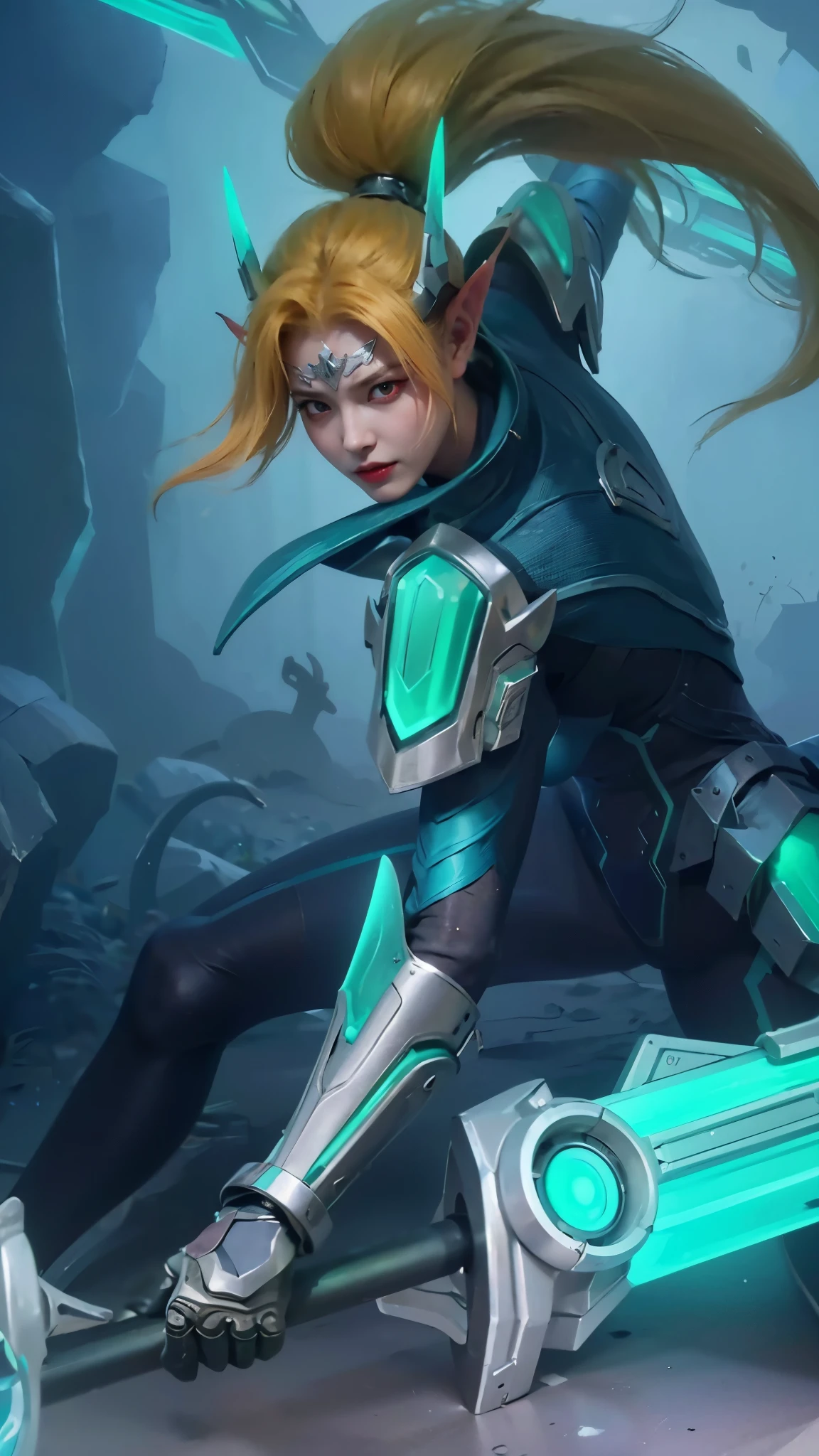 (female:1.2), 8k, ultra hd, ultra detailed texture, hyper realistic, masterpiece, detailed texture, detailed face, detailed skin, detailed lighting, (photorealistic:1.5), best quality, beautiful lighting, cinematic lighting, professional lighting, ultra highres, realistic, detailed hair, real hair, high quality, (realskin:1.5), extremely detailed, finely detail, ultra-detailed, 1girl, solo, elf, pointy ears, standing, demon horns, forehead protector, (red eyes:1.5), v-shapped eyebrow, lips, red lips, evil smile, nose, make up, pretty, beautiful, cute face, long hair, blue hair, high ponytail, large breasts, cleavage, armpit, navel, stomach, black armor, pauldrons, bare shoulders, shoulder armor, thigh high, sleevless, detached sleeves, breastplate, gauntlets, karina \(mobile legends\), depth of field, looking aways, white skin, skin tight, amazing pose, outdoors, glowing, dark view.
