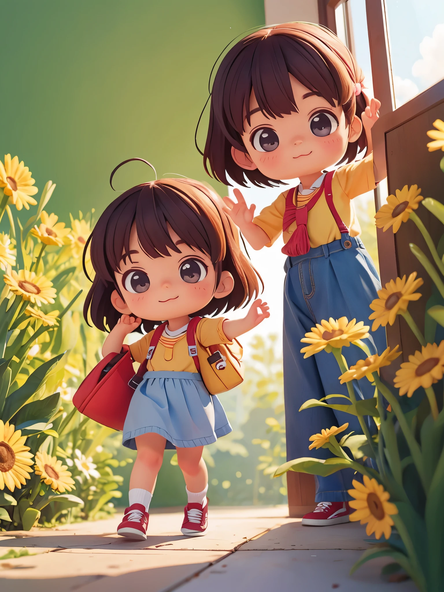 Cute little girl carrying a school bag,Get out of the house,She waved goodbye to her mother behind her,Pixar style, best quality, stills,