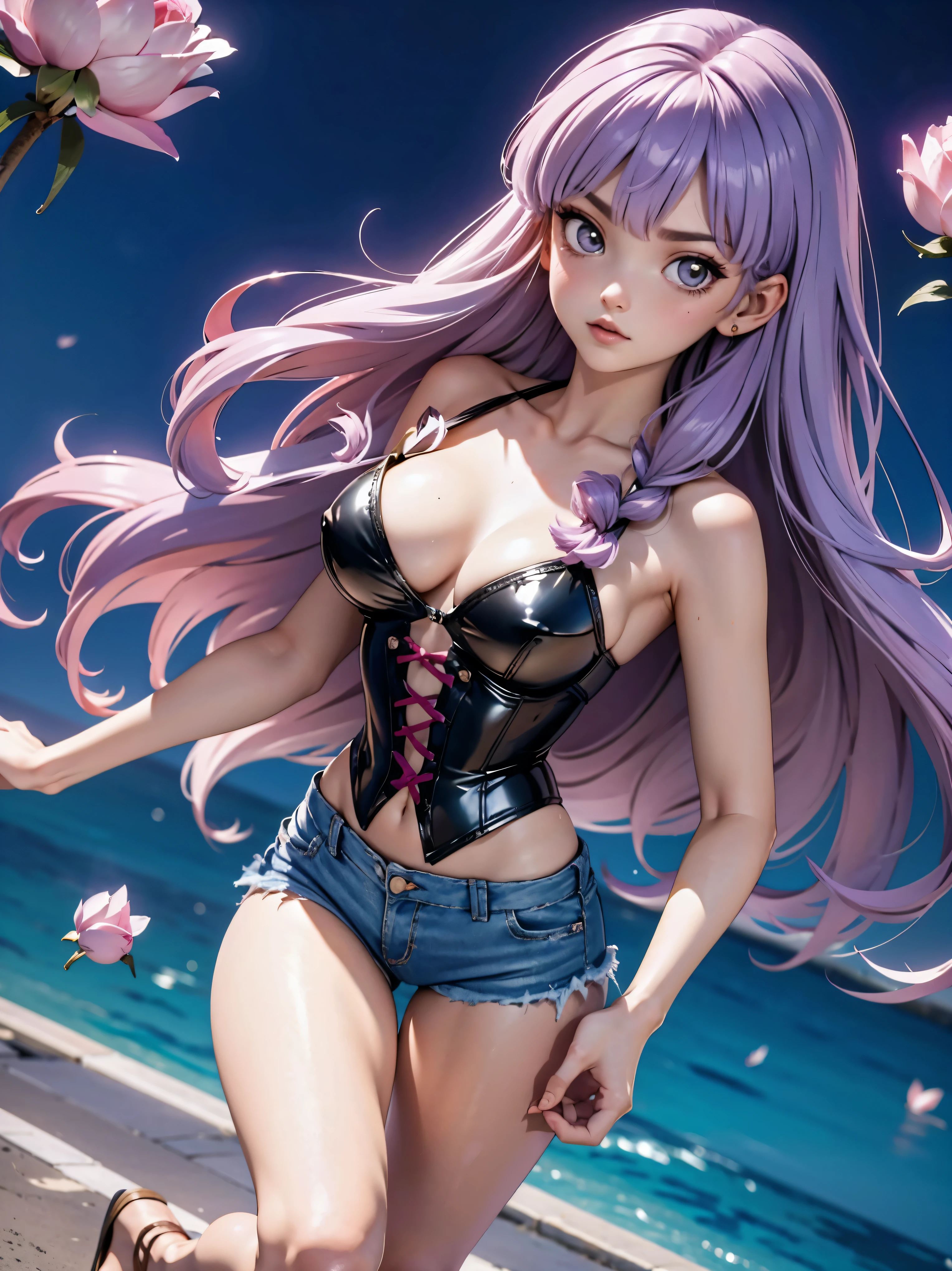 Anime cabelo purple com short jeans e corset rosa brilhante, , corpo bonito, seios grandes, com as hands on chest, hands on chest, Garota sexy, purple cabelo, mechas de cabelo laterais, mechas de cabelo na lateral do rosto, beautiful lighting, sombras suaves, olhos azuis, pernas bonitas, cabelo longo purple, estilo anime, personagem Shampoo Chan, Autora Rumiko Takahashi, Baseado em obra de Rumiko Takahashi, Anime Ranma 1/ 2, decote sexy, quadril robusto, corpo inteiro, corpo inteiro, busto grande, garota jovem com corpo belo e bonito, sandals on his feet, garota 16 anos usando short jeans e corset rosa brilhante, garota anime, estilo anime, beautiful feet in sandals, 45° viewing angle, ao ar livre, peito grande, seios bonitos, cabelo purple, sandals on the feet, pernas bonitas