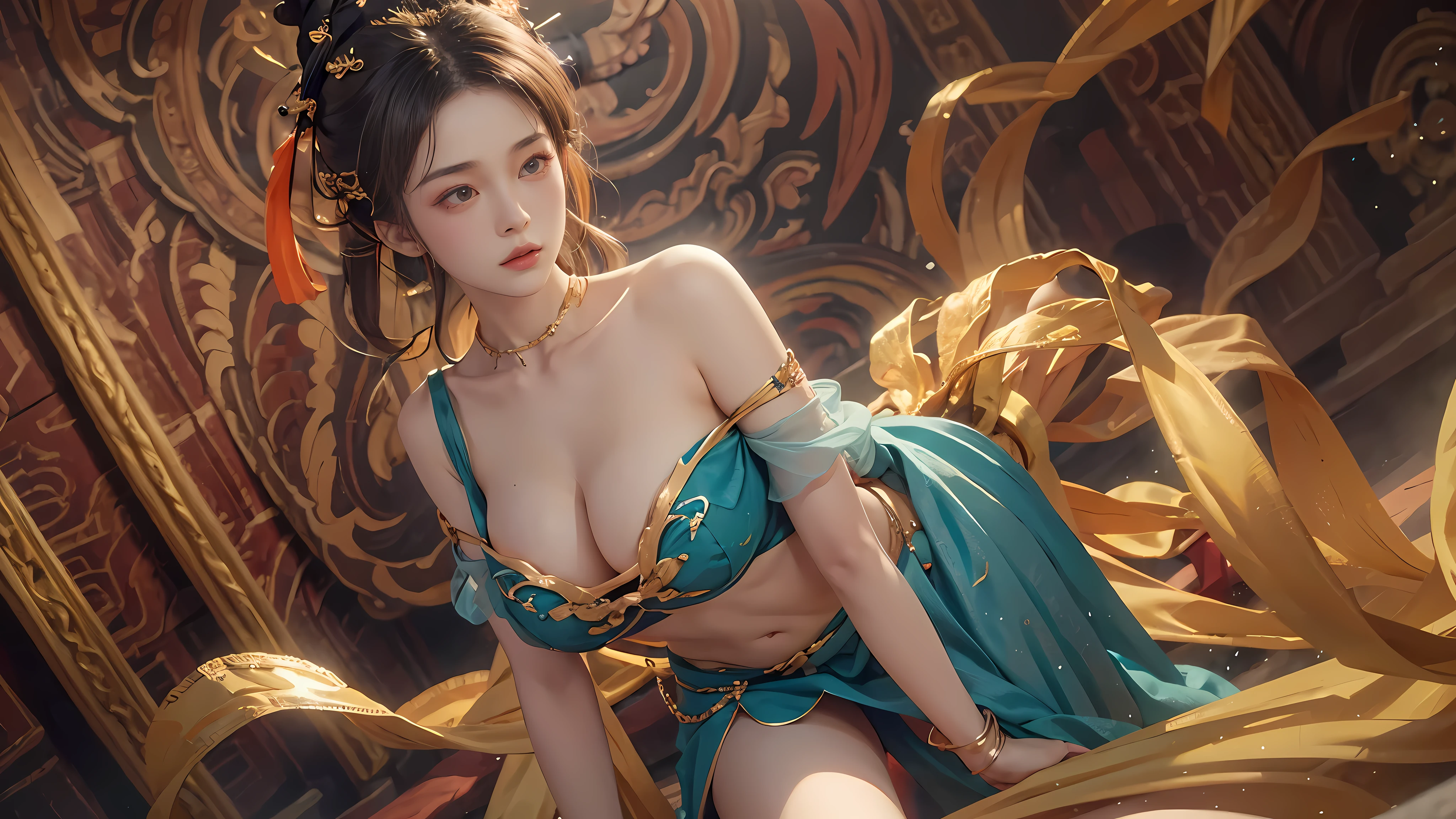 (original photo,best quality), best quality, Very detailed, masterpiece, super detailed, revelation, a girl, (huge big breasts,), dynamic angle, best quality, Extremely detailed CG unity 8k wal,Light,Dunhuang style