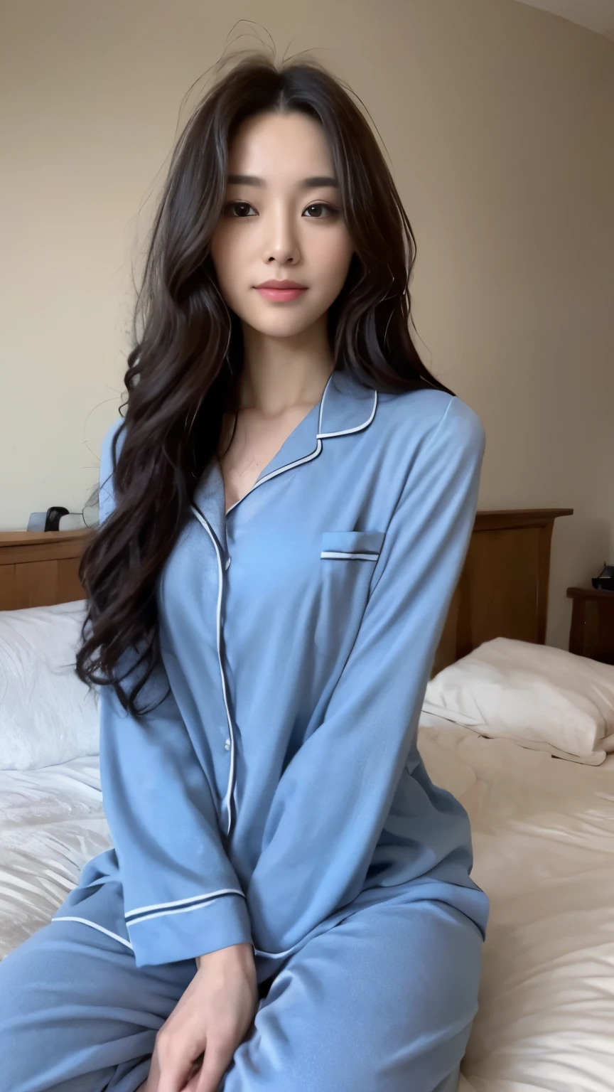 ((top-quality、8k、masterpiece:1.3))、Beautiful woman with perfect body:1.4、slim abdomen:1.2、Longhair, normal breast, Highly detailed facial and skin texture, A detailed eye, delicate eyes, double eyelid, (smile), (full body shot), ((bedroom)), (sitting on bed), ((wearing blue pyjamas)), looking in front