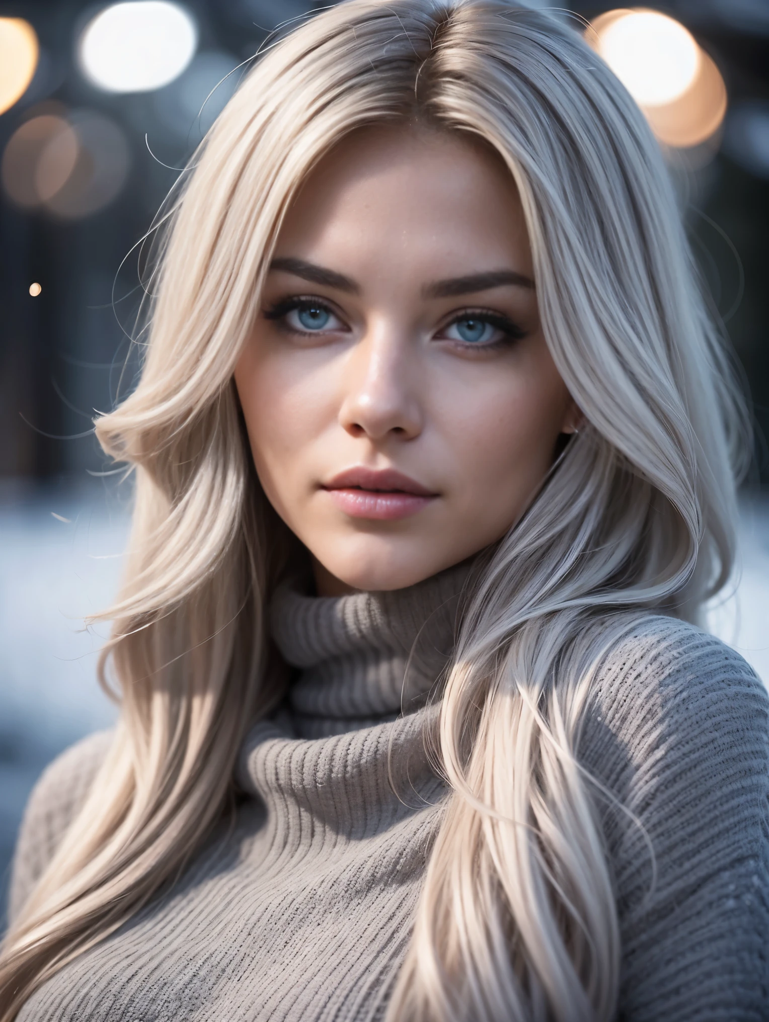 Extreme closeup portrait of an ultra hot gorgeous European woman.age 23. She’s a playmate and men magazine model. Blonde wavy hair. ((Grey eyes)). Naked. Black turtleneck loose wool dress. Nude shoulders. She flirts with camera. Snowy Outdoor night studio shot. Bokeh