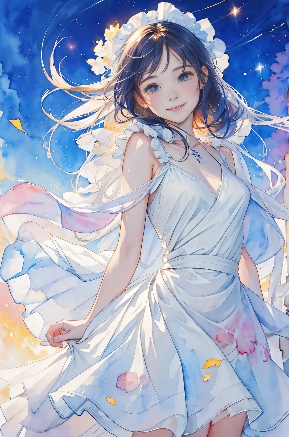 8k,masterpiece,highest quality, (from below:1.6) ,dynamic pose,12 year old girl waiting for spring, bright light, long hair, Wind、 smile, watercolor painting \(Moderately\),watercolor painting,(white dress that fits perfectly:1.3)