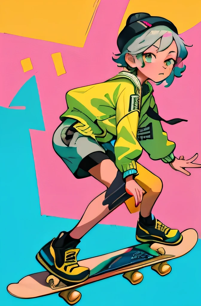 masterpiece, highest quality, (Highly detailed CG Unity 8k wallpaper) (highest quality), (Best Illustration), best shadow, (girl playing skateboard: 1.3), , cute, short gray hair, cap, sweet cool, eye-catching details, (color flight suit), fashion shorts, (color skateboard: 1.1), pink, yellow, green, street, rock, (highest quality, amazing details: 1.25), (alone), Gorgeous and colorful paintings
