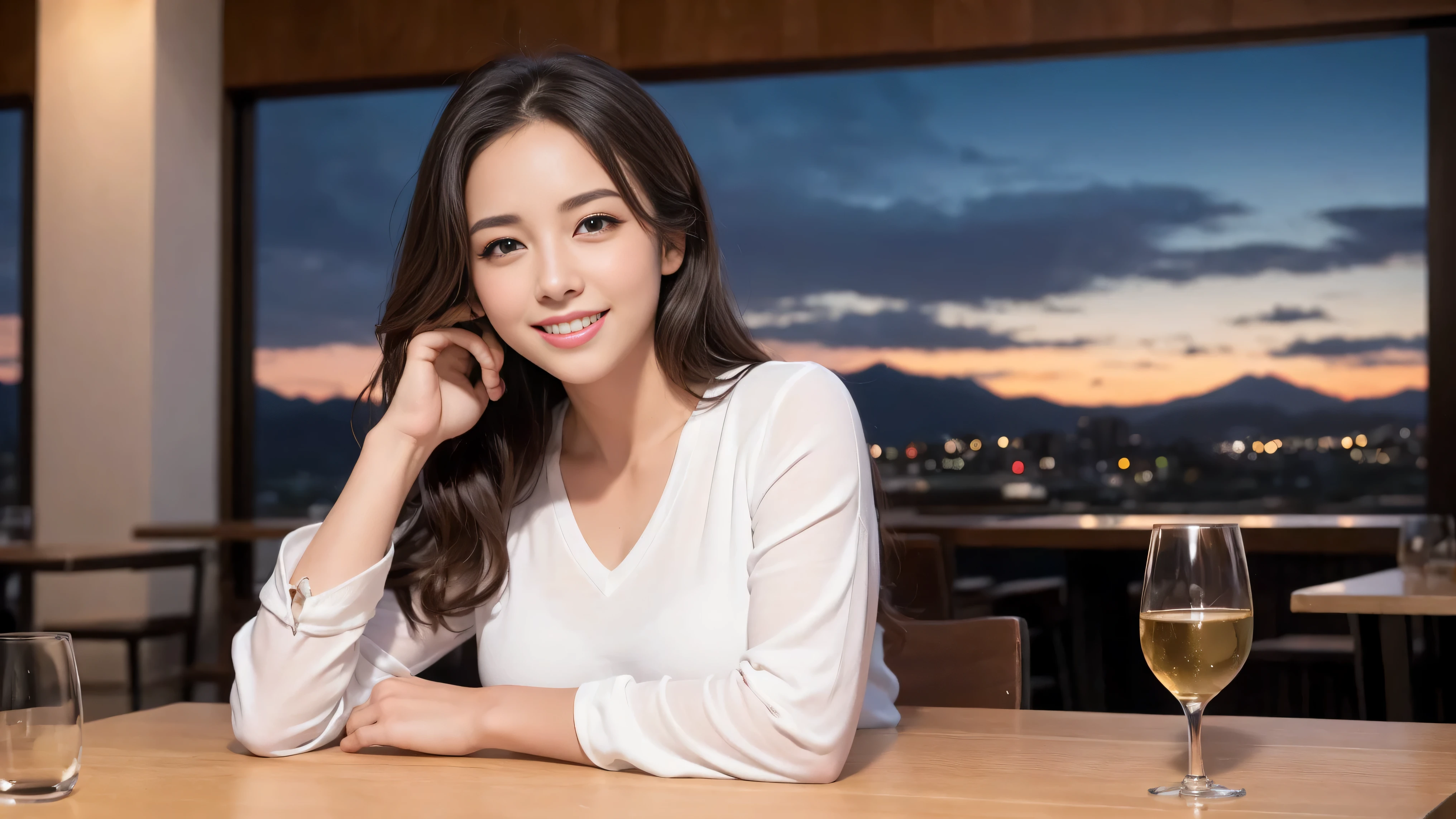 (including 64k, nffsw, highest quality, table top: 1.2), (realistic, photorealistic: 1.37), Spectacular view of the sunset sky and clouds、Amazing mountain views、long sleeve shirt、winter fashion、Columbia、Brazilian、Japanese、Dutch、German、Portuguese、Belgian、Italian、French,Champagne、sparkling wine、 (slimフェイス), (slimボティ), (brown hair), (shortcut), neat beauty、cheeks turn a little red, (35 years old), 38 years old, alone, 窓の外には美しく緻密なnight景が広がります., restaurant, wine glassが座っている, nightに, in a prominent place (from the Upper body) nova frog style, actress, model, Upper body, White wine, slim, wine glass, Super Clean night View, wine glass Put in the Middle, Happy smile, (smile: 1.15), beautiful and detailed eyes, Upper body, bust japan up, night, short, short, actress, model, Upper body, White wine, slim, wine glass, Super Clean night View, wine glass Put in the Middle, Happy smile,