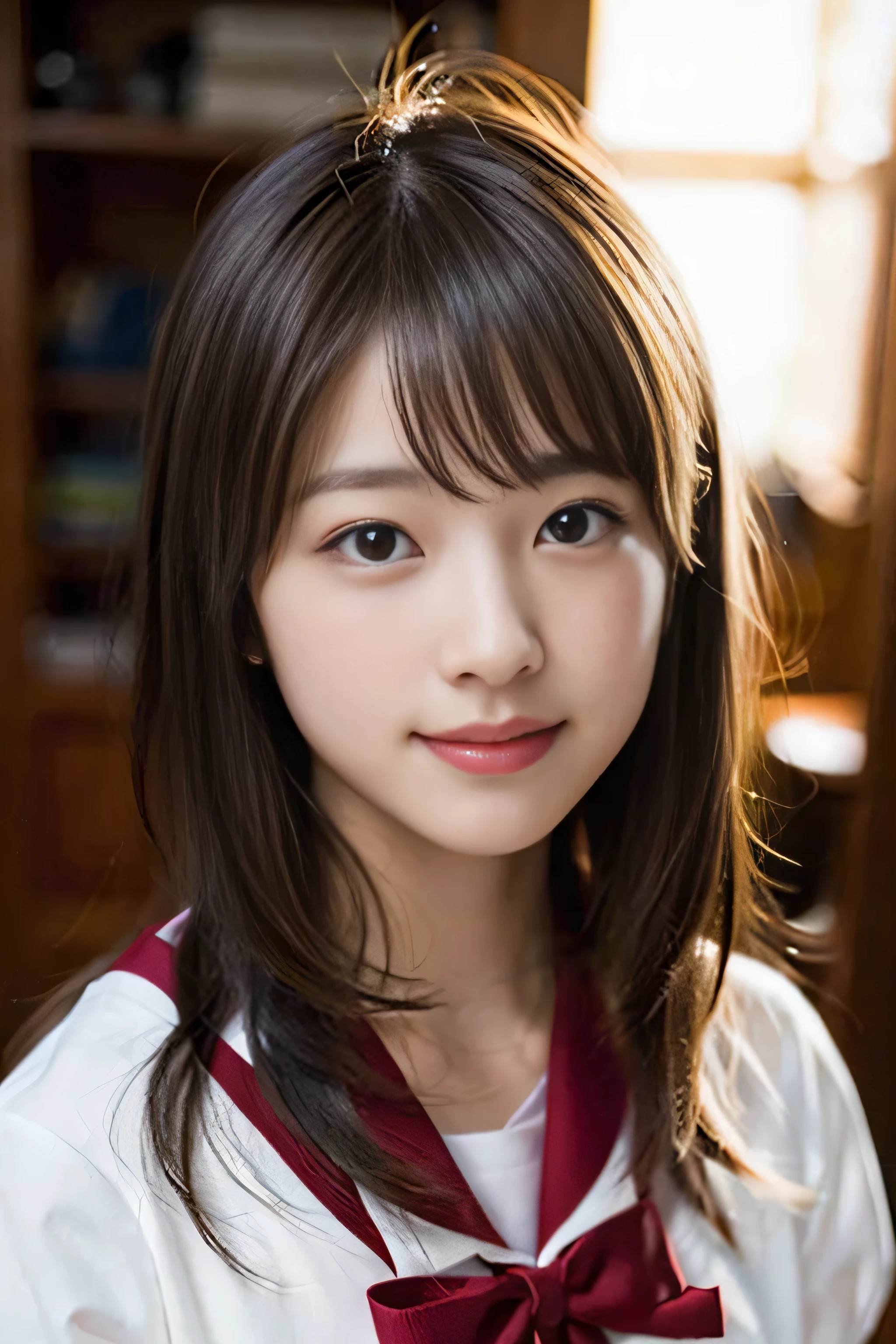 (8k、RAW photo、highest quality、masterpiece:1.2)、(realistic、Photoreal:1.37)、Super detailed、超A high resolution、1 girl、see the beholder、beautiful and detailed face、laughter、narrow、(slim waist) :1.3)、Fine and beautiful skin、skin texture、floating hair、professional lighting、as a whole human body、long hair、blonde、Japanese high school uniform、sailor suit、admission fees、、bob hair、E cup、smile、、red ribbon、baby face、Yo、no makeup、moisturizing lips、Light pink lip、classroom、sunset、evening