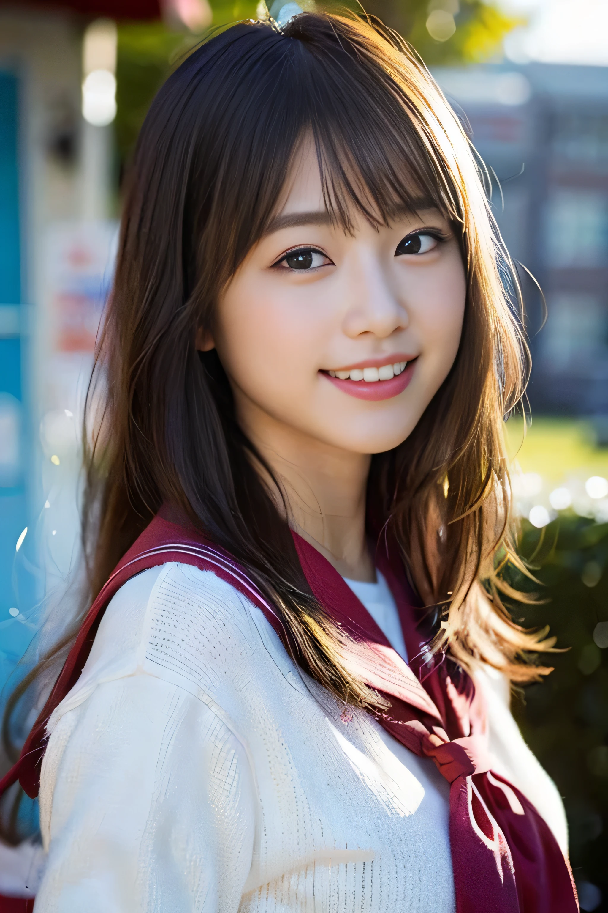 (8k、RAW photo、highest quality、masterpiece:1.2)、(realistic、Photoreal:1.37)、Super detailed、超A high resolution、1 girl、see the beholder、beautiful and detailed face、laughter、narrow、(slim waist) :1.3)、Fine and beautiful skin、skin texture、floating hair、professional lighting、as a whole human body、long hair、blonde、Japanese high school uniform、sailor suit、admission fees、、bob hair、E cup、smile、、red ribbon、baby face、Young Smile、no makeup、moisturizing lips、Light pink lip、classroom、sunset、evening