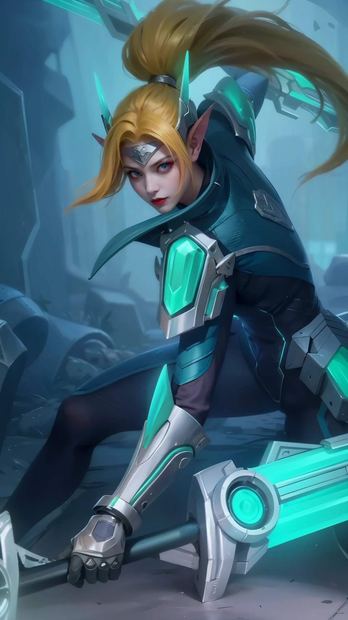 (female:1.2), 8k, ultra hd, ultra detailed texture, hyper realistic, masterpiece, detailed texture, detailed face, detailed skin, detailed lighting, (photorealistic:1.5), best quality, beautiful lighting, cinematic lighting, professional lighting, ultra highres, realistic, detailed hair, real hair, high quality, (realskin:1.5), extremely detailed, finely detail, ultra-detailed, 1girl, solo, elf, pointy ears, standing, demon horns, forehead protector, (red eyes:1.5), v-shapped eyebrow, lips, red lips, evil smile, nose, make up, pretty, beautiful, cute face, long hair, blue hair, high ponytail, large breasts, cleavage, armpit, navel, stomach, black armor, pauldrons, bare shoulders, shoulder armor, thigh high, sleevless, detached sleeves, breastplate, gauntlets, karina \(mobile legends\), depth of field, looking aways, white skin, skin tight, amazing pose, outdoors, glowing, dark view.