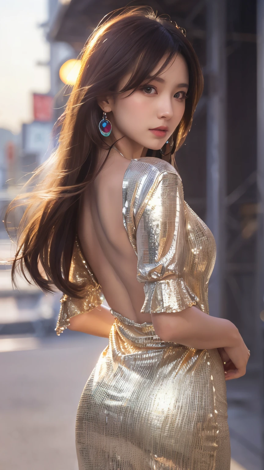 Masterpiece, 4K, bokeh, Photorealistic, high school girl Looking back at street of NEWYORK , (Japanese idle:1.6), Lightbrown long hair, Light brown eyes, Plump breast, Looking at the viewer, Blushed face, Close up, (Silver metallic dress), (Gemstones decoration:1.2, Colorful Gemstones:1.2), (Dress embellished, Sequins), sunset seashore, Beautiful sky and clouds,