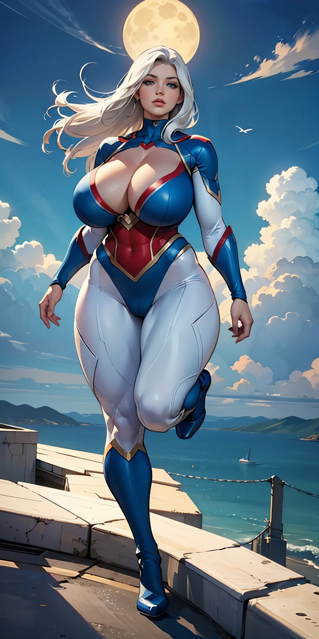 (Masterpiece, 4K resolution, ultra-realistic, highly detailed), (White costume superhero theme, charismatic, girl on top of the city, wearing white DC power-girl costume with cleavage, superheroine), (((gigantic breasts, sagging breasts))), [((23 years old), (long white hair:1.2), full-body, (blue eyes:1.2), (Power-Girl dynamic poses), (above the sky, flying, clouds), (full moon)
