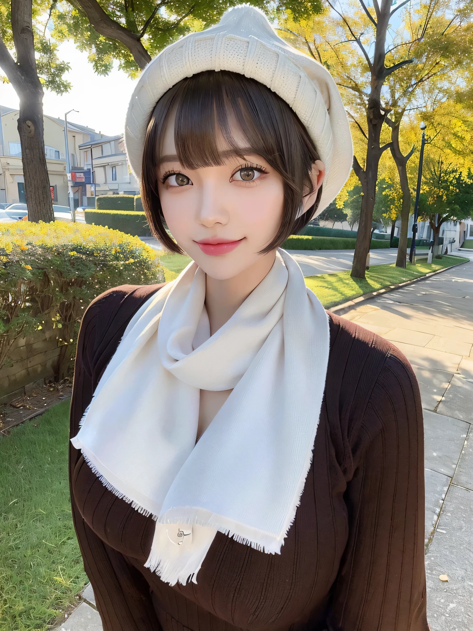 (masterpiece, highest quality),1 girl, alone, scarf, hat, realistic, realistic, looking at the viewer, light brown eyes,, Brunette short bob hair with highly detailed shiny hair, bright colored winter clothes, White headscarf, lips, bangs, outdoors, closed mouth, Upper body、Big eyes、eyelash、(((bangsのあるショートヘア、Big eyes、big and full breasts、look at the viewer、She is very beautiful and cute、Please show your ears、long neck、smile、Close your mouth and smilee)))、ideal body proportions、(Tree-lined avenues in the winter wilderness of England)
