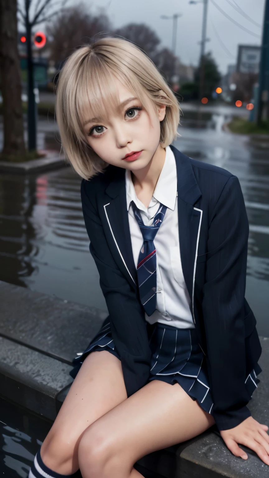 1girl,blonde,japanese,full body,short hair,sad expression,natural makeup,navy blazer,checkered pleated skirt,red and navy striped ribbon tie,black knee-high socks,black loafers,after the rain,park,twinkling starry night sky,starlight,street lamps,small puddles,tones of night blue and black,wet school uniform,traces of raindrops,warmth-preserving depiction,darkening night,progression of time,waiting posture,silence,Japanese student culture through school uniform,quietness with occasional breeze,ripples in puddles,bokeh,sense of depth,long shot