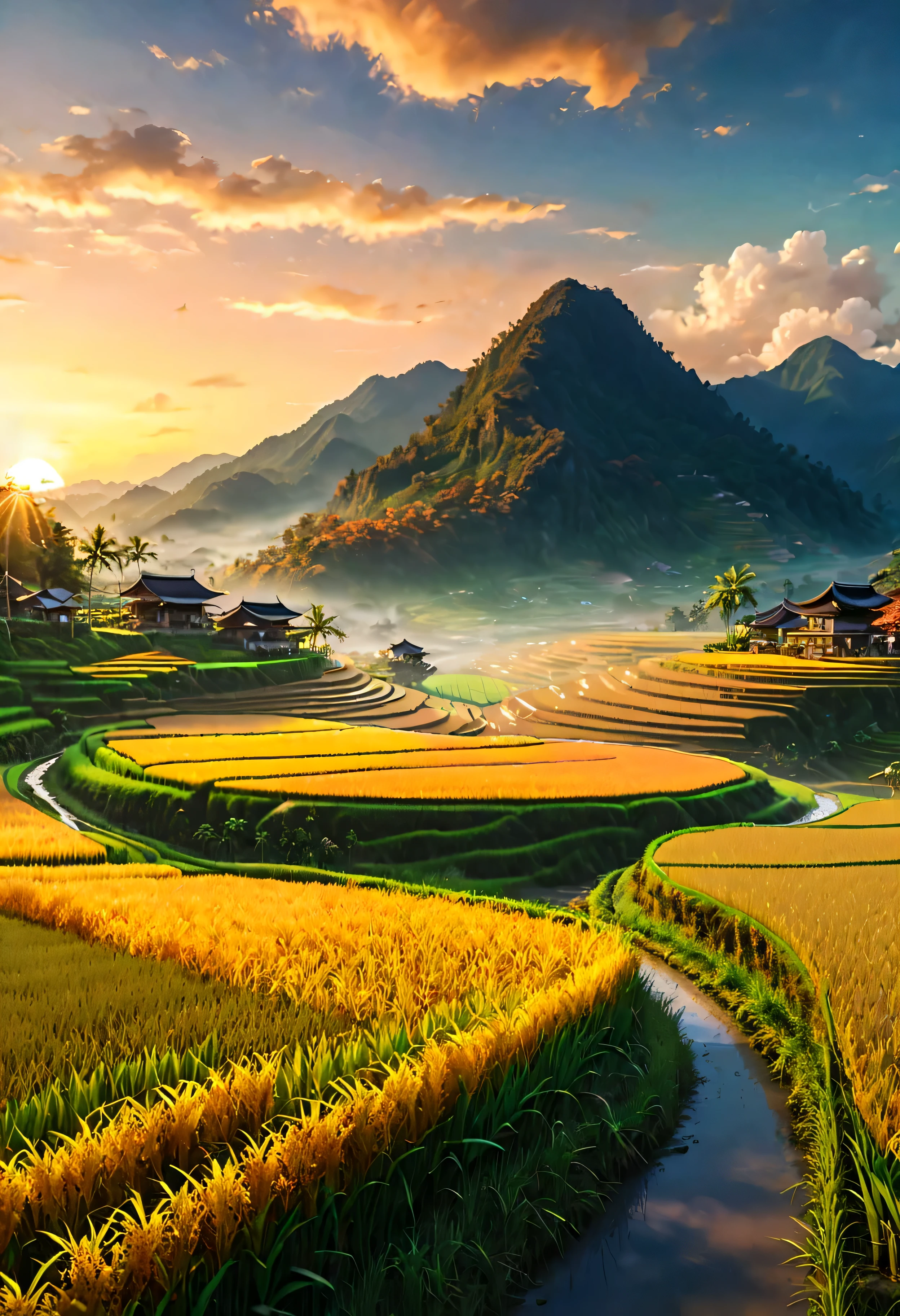 Ripe Golden paddy at house terrace overlooks a Rice Paddy field with view of the mountain, mesmerizing rice paddy landscape bathed by Sunset light,((golden hour time):1.2),((Majestic Landscape):1.2),((Sunset sky at autumn):1.1),delicate golden hour light, amazing wallpapers, beautiful surroundings, optimistic matte painting, Beautiful digital artwork, Beautiful and detailed scenes, UHD underground, UHD landscape, Majestic concept art, beautiful Rice Paddy Field. |(Masterpiece in maximum 16K resolution), the best quality, (very detailed CG unity 16k wallpaper quality),(Soft colors 16k highly detailed digital art),Super Detailed. | Perfect image,16k UE5,official painting, superfine, Depth of field, no contrast, clean sharp focus, professional, No blurring. | (((More detail))).