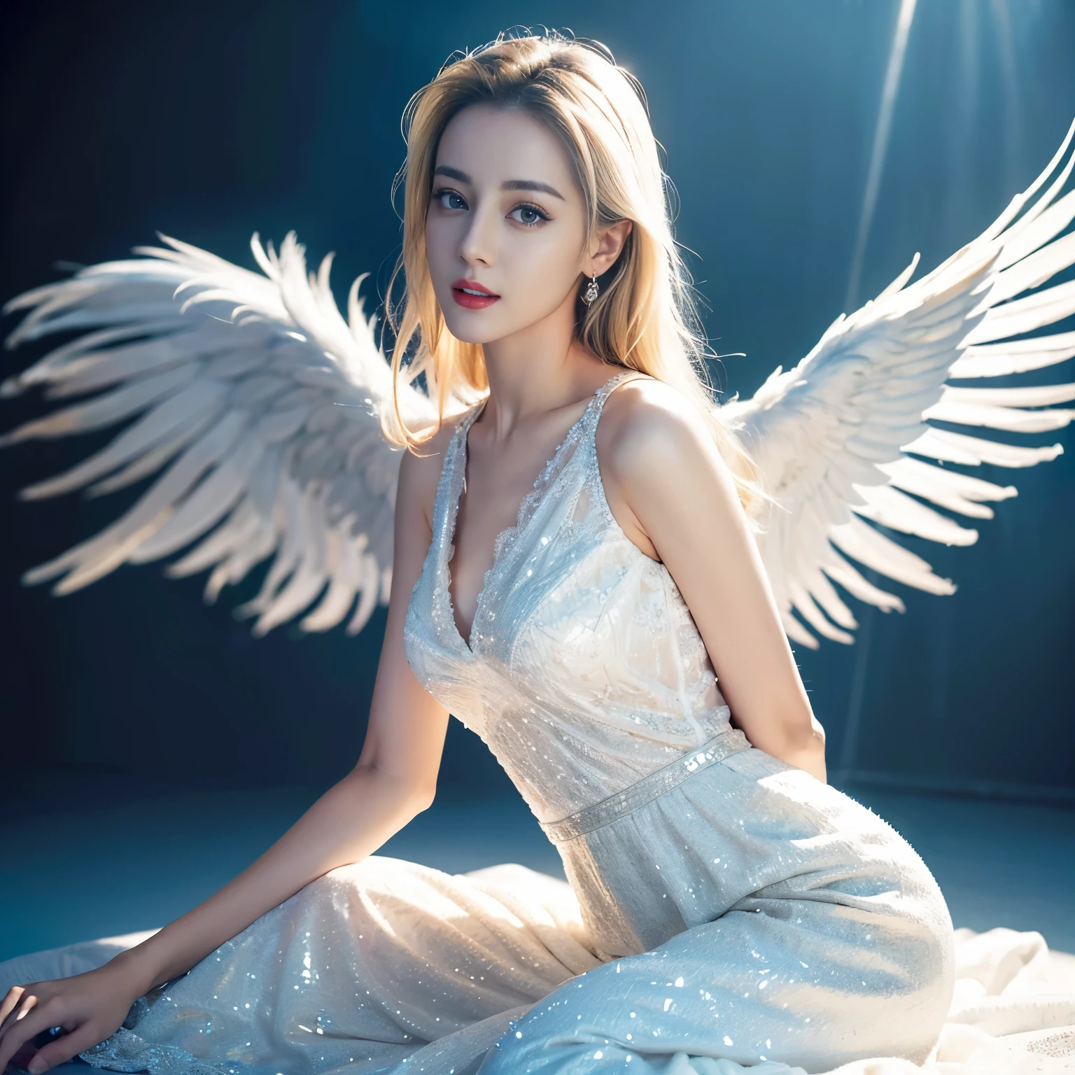 ((top quality、8k、Masterpiece:1.3))、Extremely delicate and beautiful girl,Very white skin,fiery red lips,Waist is very thin,Thighs are very thin,White wedding dress,White and smooth skin,Smooth and fair skin,flawless skin,Fair and shiny skin,cold white skin,The camera focuses on the chest,bright light,hair is white,A pair of huge white wings on the back,angel wings,hazy light rays,hazy light rays,blurred white background,light blonde hair,sad,Tears on his face