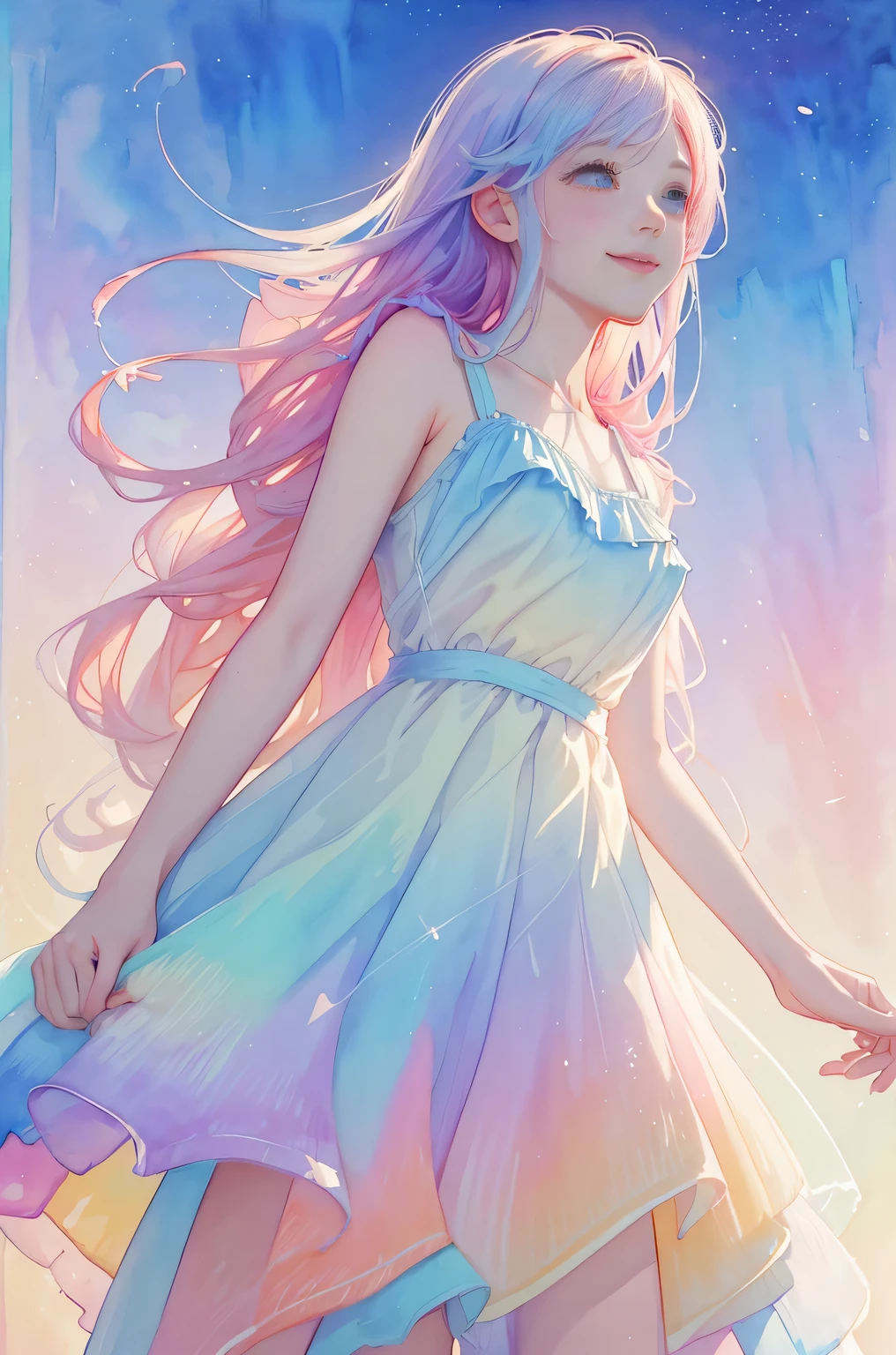 8k,masterpiece,highest quality, (from below:1.6) ,dynamic pose,12 year old girl waiting for spring, bright light, long hair, Wind、 smile, watercolor painting \(Moderately\),watercolor painting,(Pastel color gradation dress that sticks to your body:1.3)