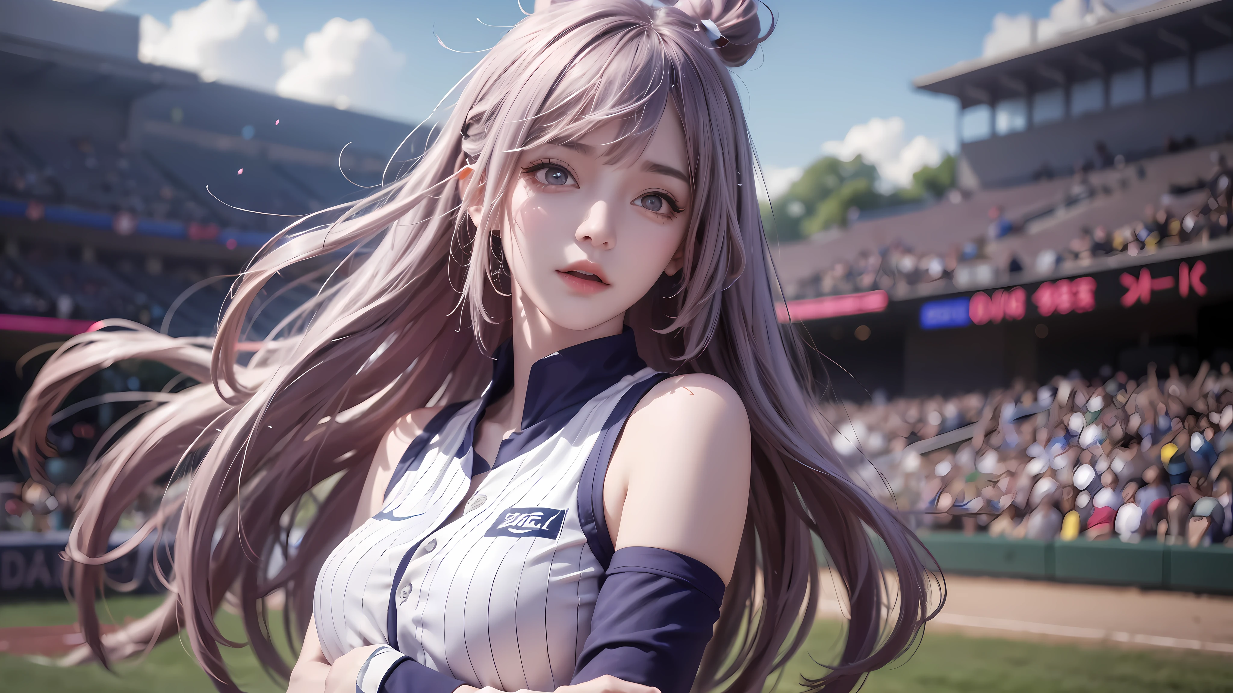 masterpiece,top quality,(realistically,realistically:1.4),(original photo:1.4),very delicate的CG Unity 8K壁纸,very delicate美丽,wonderful,Attention to detail,official art,absurd,Incredibly Ridiculous Resources,File size is huge,very good,very delicate,beautiful eyes and face,beautiful and delicate eyes,There is light on the face,a girl,long white hair,(pom poms)navel,upper part of body,baseball uniform, Baseball field, Baseball pitching action,bare arms, through bangs, ulzang-6500-v1.1