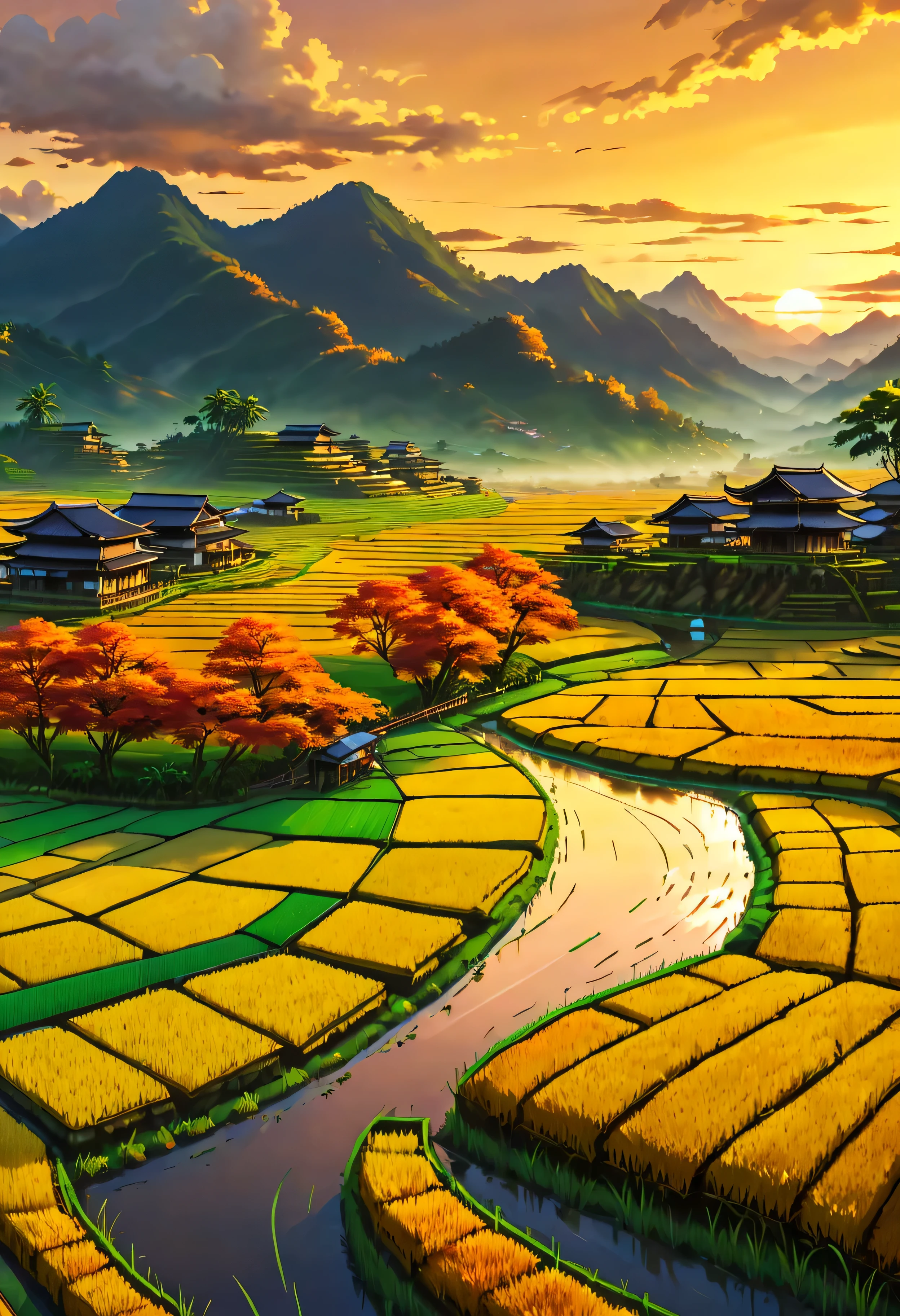 Ripe Golden paddy at house terrace overlooks a Rice Paddy field with view of the mountain, mesmerizing rice paddy landscape bathed by Sunset light,((golden hour time):1.2),((Majestic Landscape):1.2),((Sunset sky at autumn):1.1),delicate golden hour light, amazing wallpapers, beautiful surroundings, optimistic matte painting, Beautiful digital artwork, Beautiful and detailed scenes, UHD underground, UHD landscape, Majestic concept art, beautiful Rice Paddy Field. |(Masterpiece in maximum 16K resolution), the best quality, (very detailed CG unity 16k wallpaper quality),(Soft colors 16k highly detailed digital art),Super Detailed. | Perfect image,16k UE5,official painting, superfine, Depth of field, no contrast, clean sharp focus, professional, No blurring. | (((More detail))).