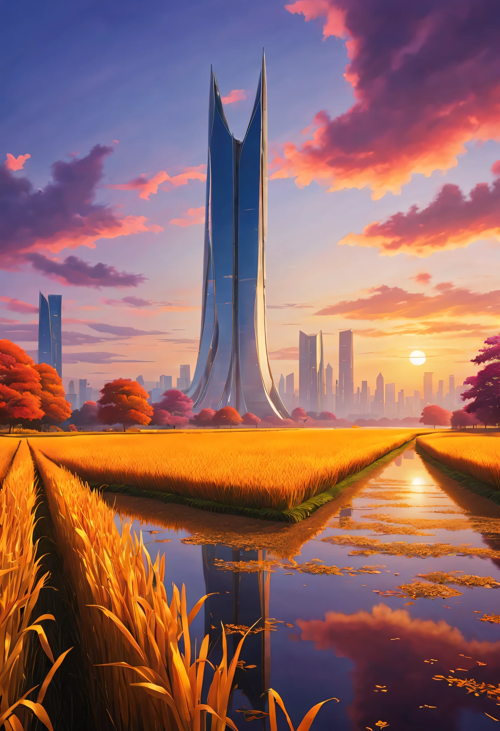 In futuristic autumn rice fields, I want to see a vivid、high resolution、A masterpiece that captures the essence of technology. The main focus of the artwork should be the landscape, Featuring vibrant colors and ultra-detailed depictions. The rice fields should be endless and vast., The tall stalks sway gently in the cool breeze. The color palette should consist of warm and earthy tones, with a hint of orange, yellow, and brown. The fields are illuminated by the soft light of the setting sun, cast long shadow，Create a peaceful and peaceful atmosphere. The sky above is painted in delicate purples and pinks, Blends seamlessly with vibrant autumn foliage. The clouds are slender and elegant, Reminiscent of future technology. The entire scene is bathed in warm golden light, Enhance landscape beauty. reception, There is a futuristic drone, Featuring intricate details and stylish metallic features. Guard the rice fields, it emits a soft blue light. Drones blend seamlessly into their surroundings, Symbolizing the harmonious coexistence of nature and technology. When the viewer&#39;s eyes move to the background, Futuristic skyscrapers rise on the horizon. they are architectural marvels, Stylish design and glass facade that reflects the colors of the sky. These buildings represent the integration of technology into our daily lives, Transform traditional landscapes into futuristic realms. throughout the artwork, Emphasis on realism and photorealism, Every detail has been meticulously rendered. texture of rice straw, Reflection of light on metal surfaces, The intricate patterns of autumn leaves are captured with extreme precision and attention to detail. comprehensive, This masterpiece embodies the beauty of autumn rice fields in the future, Integrating nature and technology，Create a harmonious visual effect