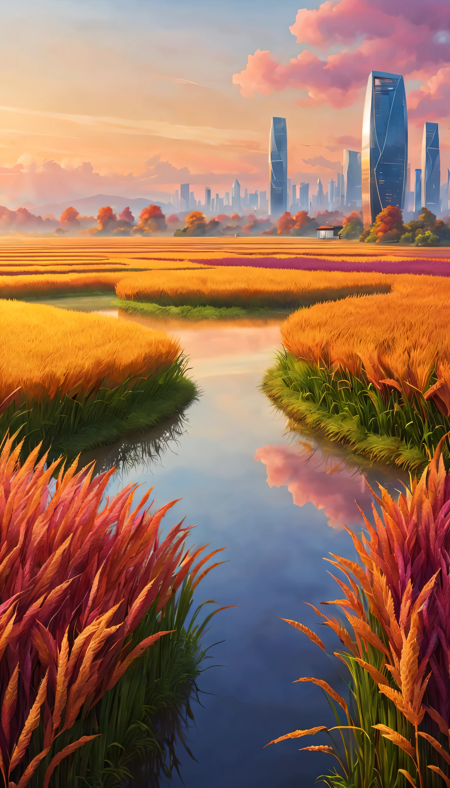In futuristic autumn rice fields, I want to see a vivid、high resolution、A masterpiece that captures the essence of technology. The main focus of the artwork should be the landscape, Featuring vibrant colors and ultra-detailed depictions. The rice fields should be endless and vast., The tall stalks sway gently in the cool breeze. The color palette should consist of warm and earthy tones, with a hint of orange, yellow, and brown. The fields are illuminated by the soft light of the setting sun, cast long shadow,Create a peaceful and peaceful atmosphere. The sky above is painted in delicate purples and pinks, Blends seamlessly with vibrant autumn foliage. The clouds are slender and elegant, Reminiscent of future technology. The entire scene is bathed in warm golden light, Enhance landscape beauty. reception, There is a futuristic drone, Featuring intricate details and stylish metallic features. Guard the rice fields, it emits a soft blue light. Drones blend seamlessly into their surroundings, Symbolizing the harmonious coexistence of nature and technology. When the viewer's eyes move to the background, Futuristic skyscrapers rise on the horizon. they are architectural marvels, Stylish design and glass facade that reflects the colors of the sky. These buildings represent the integration of technology into our daily lives, Transform traditional landscapes into futuristic realms. throughout the artwork, Emphasis on realism and photorealism, Every detail has been meticulously rendered. texture of rice straw, Reflection of light on metal surfaces, The intricate patterns of autumn leaves are captured with extreme precision and attention to detail. comprehensive, This masterpiece embodies the beauty of autumn rice fields in the future, Integrating nature and technology,Create a harmonious visual effect