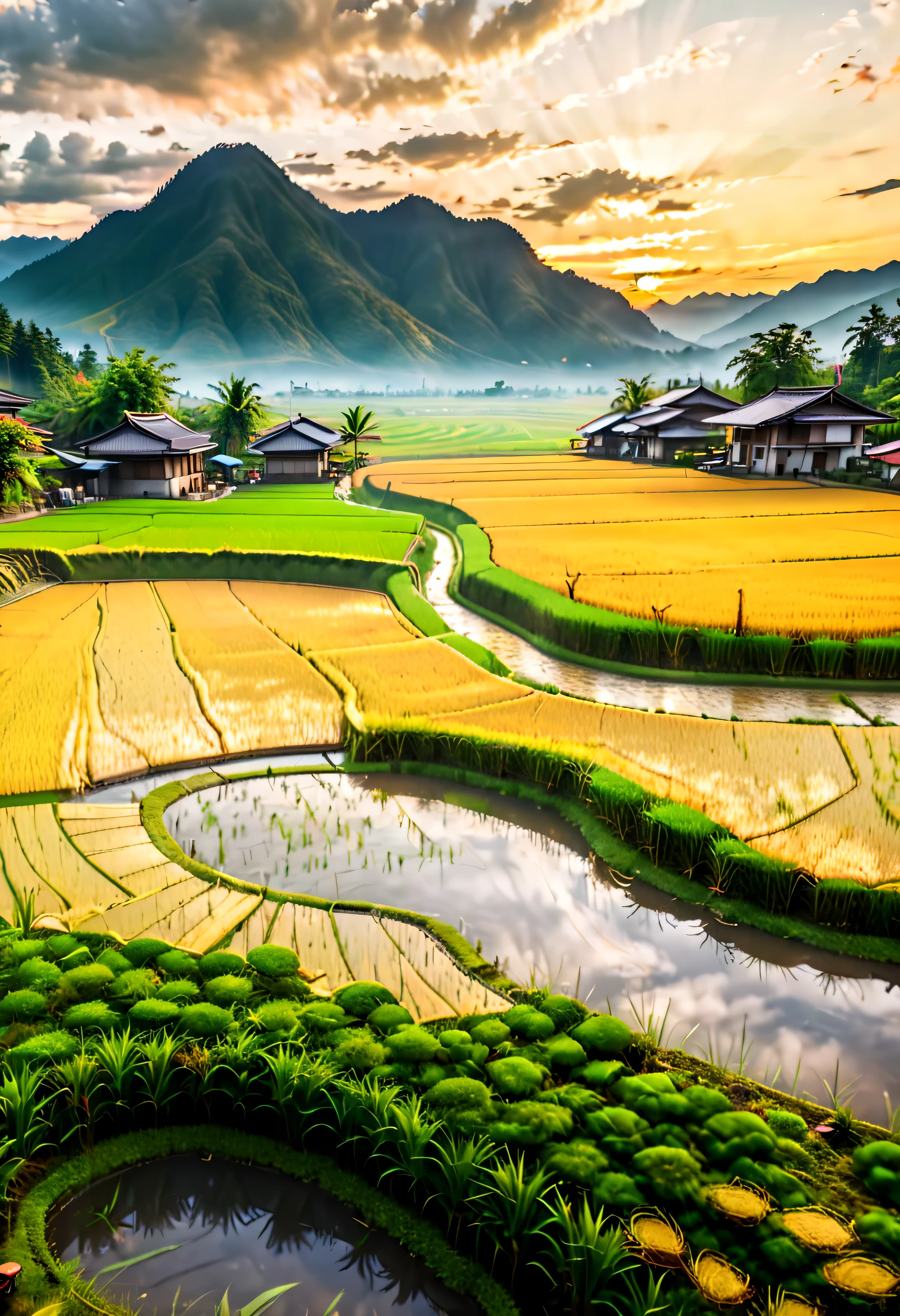 Ripe Golden paddy at house terrace overlooks a Rice Paddy field with view of the mountain, mesmerizing rice paddy landscape bathed by Sunset light,((golden hour time):1.2),((Majestic Landscape):1.2),((Sunset sky at autumn):1.1),delicate golden hour light, amazing wallpapers, beautiful surroundings, optimistic matte painting, Beautiful digital artwork, Beautiful and detailed scenes, UHD underground, UHD landscape, Majestic concept art, beautiful Rice Paddy Field. |(Masterpiece in maximum 16K resolution), the best quality, (very detailed CG unity 16k wallpaper quality),(Soft colors 16k highly detailed digital art),Super Detailed. | Perfect image,16k UE5,official painting, superfine, Depth of field, no contrast, clean sharp focus, professional, No blurring. | (((More detail))).